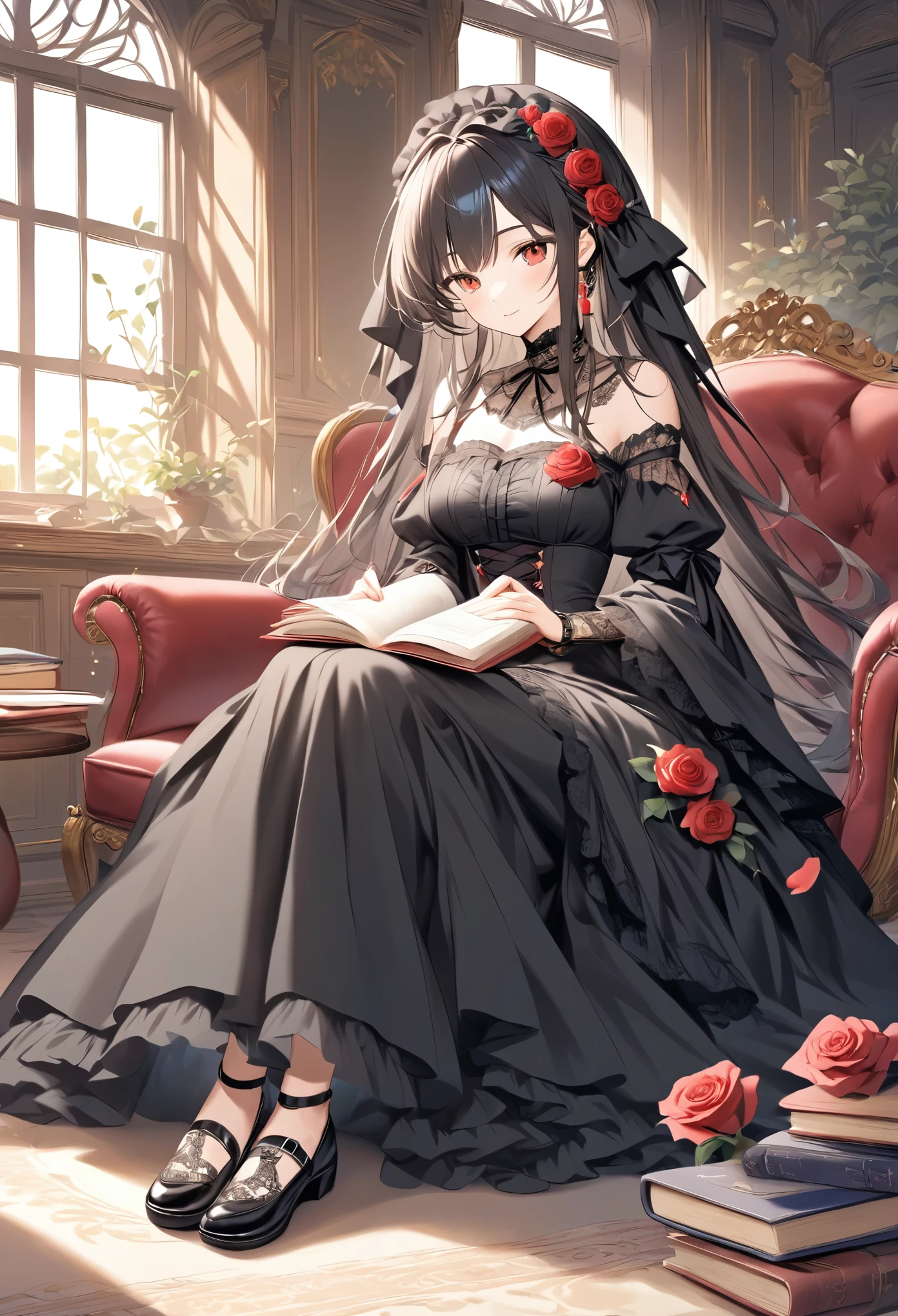 thin and soft painting style 、Mysterious、Gothic、doll、Rose Maiden 、Gothicのドレス、Ball joints、sit、 old book on the side 、 surround it with red roses