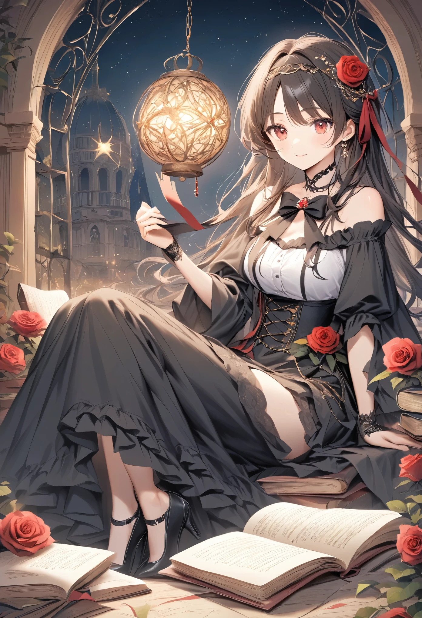  thin and soft painting style 、Mysterious、Gothic、doll、Rose Maiden 、Gothicのドレス、Ball joints、sit、 old book on the side 、 surround it with red roses