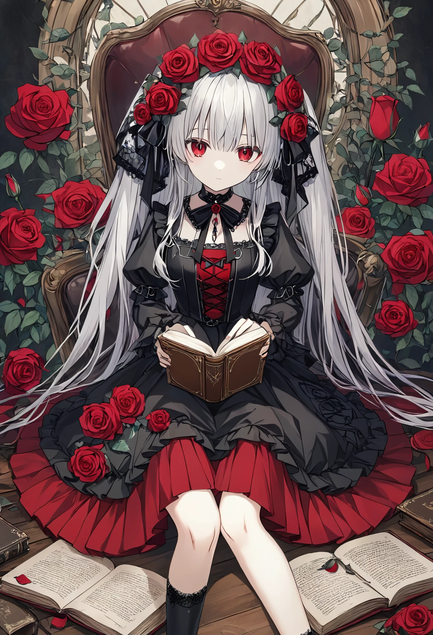  thin and soft painting style 、Mysterious、Gothic、doll、Rose Maiden 、Gothicのドレス、Ball joints、sit、 old book on the side 、 surround it with red roses