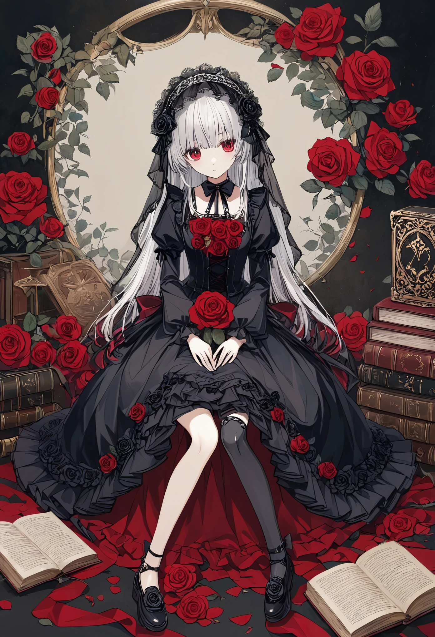  thin and soft painting style 、Mysterious、Gothic、doll、Rose Maiden 、Gothicのドレス、Ball joints、sit、 old book on the side 、 surround it with red roses