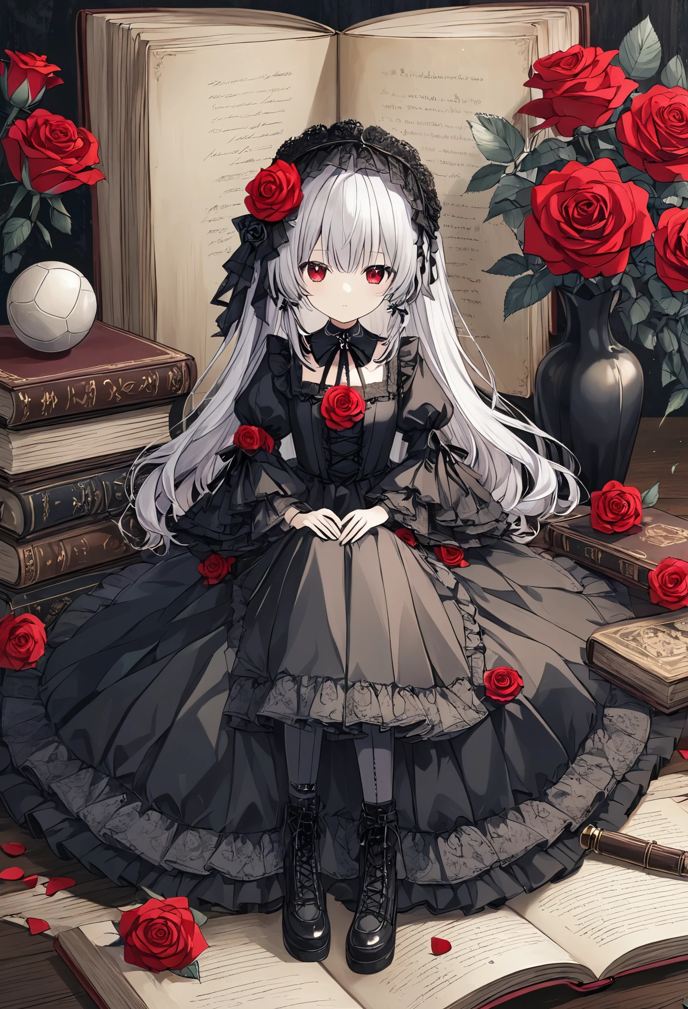  thin and soft painting style 、Mysterious、Gothic、doll、Rose Maiden 、Gothicのドレス、Ball joints、sit、 old book on the side 、 surround it with red roses