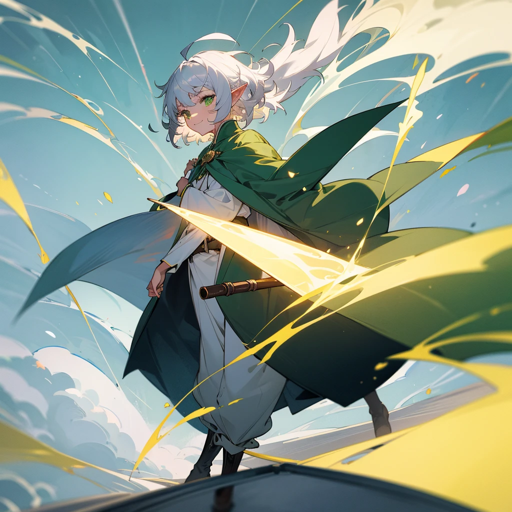 elf, cool female, silver hair,short hair, medium cut, ahoge, curly hair, green eyes,slender, fair skin, yellow reef magic wizard robe, cape, pants, boyish, magic  cane, long boots, belt, cool smile