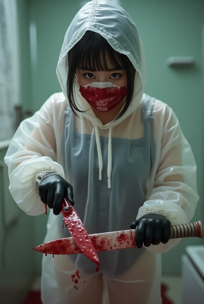 korean beautiful girl, (behind corpse:1.3), (surgical mask), (ecstasy:1.3), orgasm, holding chainsaw, stabbing, black gloves, woman on top, bath full of blood, black raincoat, hood up, holding knife, black gloves, multiple corpse, blood splatter, mass murderer, robbery, dark atmosphere, cinematic lighting, atmospheric realistic,