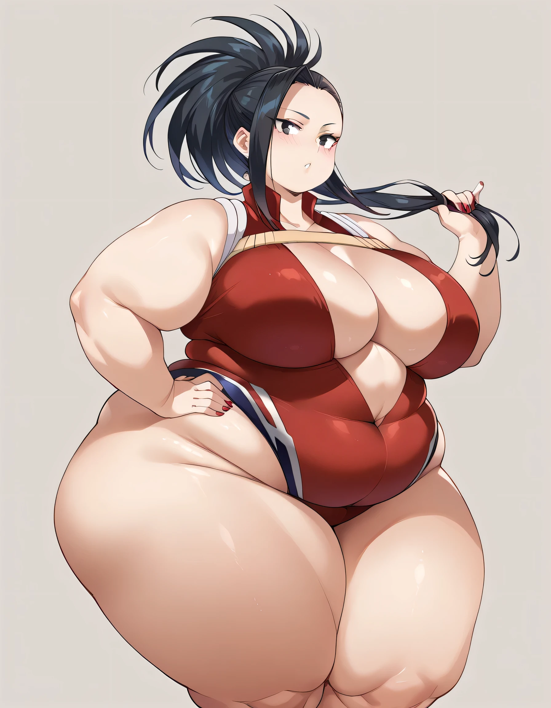 fat body, tall, yaoyorozumomo, black eyes, black hair, ponytail, long hair, hair pulled back, center opening, cleavage, red leotard, hero outfit, fat body, wide waist big . sexy body, sexy figure, fat thighs, sexy, wide waist, desireable, tempting, lust, fat, chubby, obese, gigantic arms and legs 