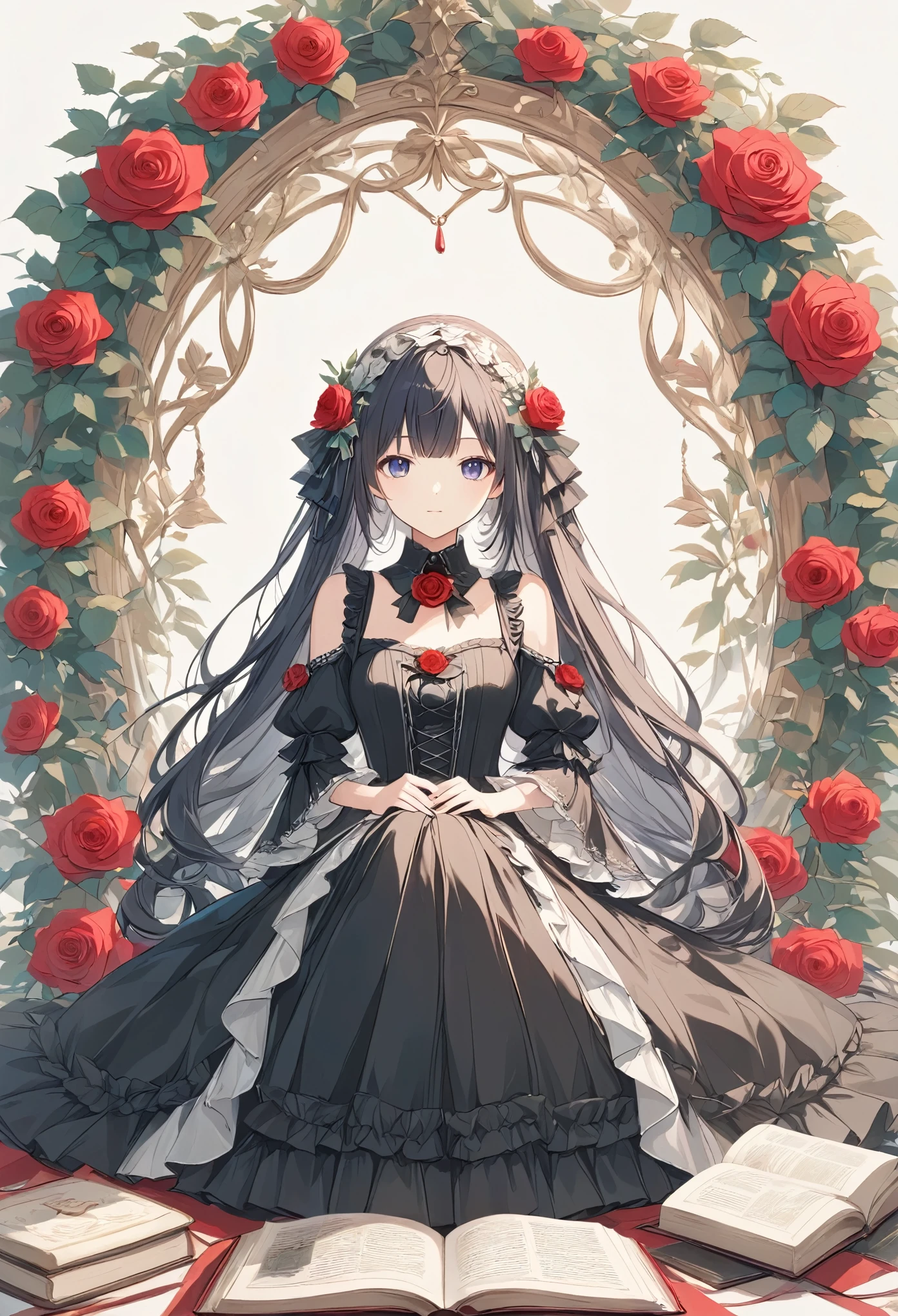  thin and soft painting style 、Mysterious、Gothic、doll、Rose Maiden 、Gothicのドレス、Ball joints、sit、 old book on the side 、 surround it with red roses