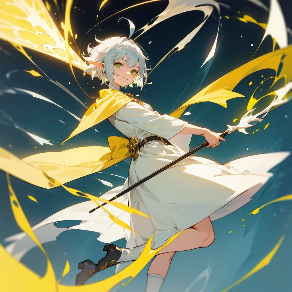 elf, cool female, silver hair,short hair, medium cut, ahoge, curly hair, green eyes,slender, fair skin, yellow drop reef magic wizard light armor robe, yellow cape, boyish, magic cane, long boots, cool smile