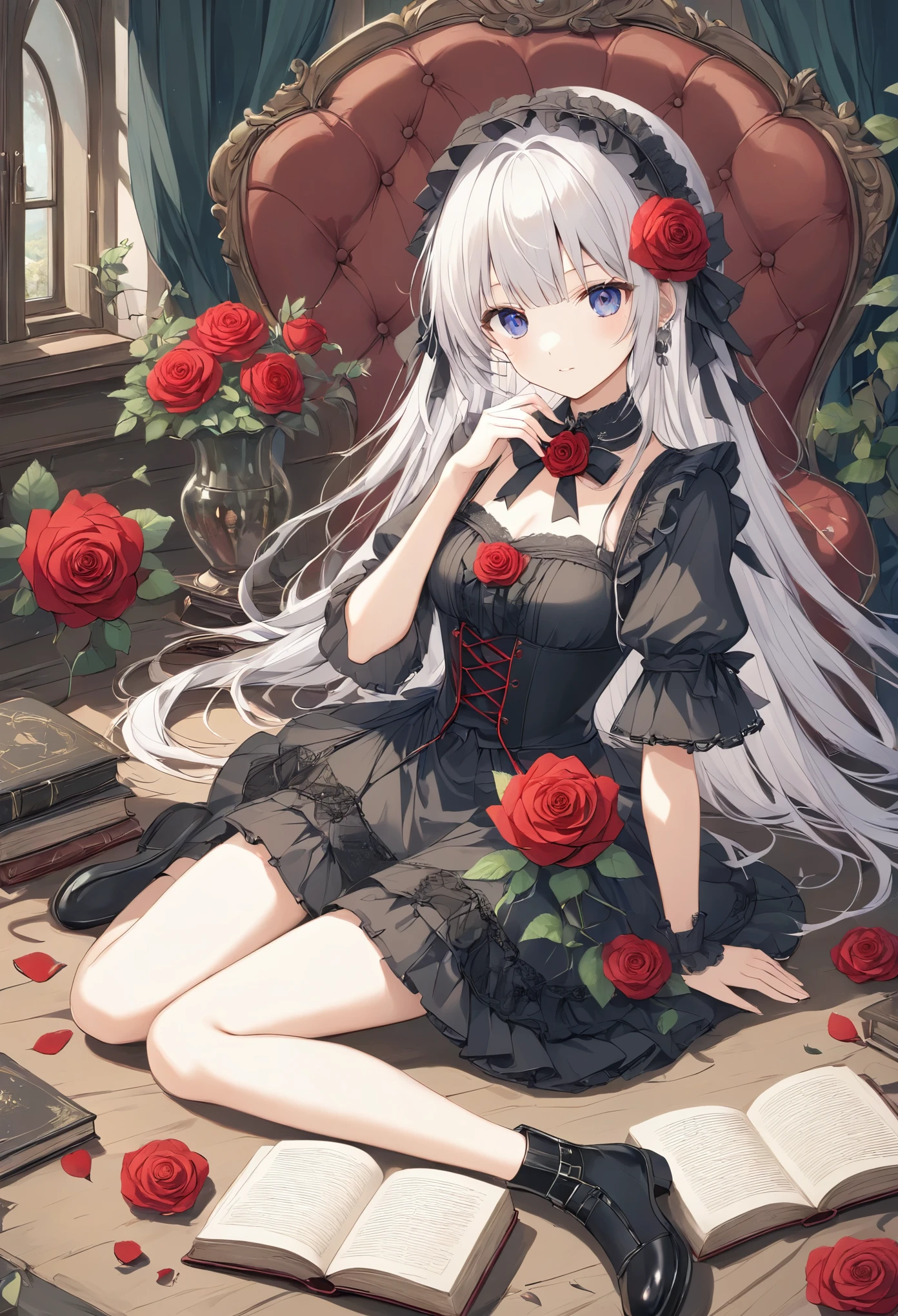  thin and soft painting style 、Mysterious、Gothic、doll、Rose Maiden 、Gothicのドレス、Ball joints、sit、 old book on the side 、 surround it with red roses