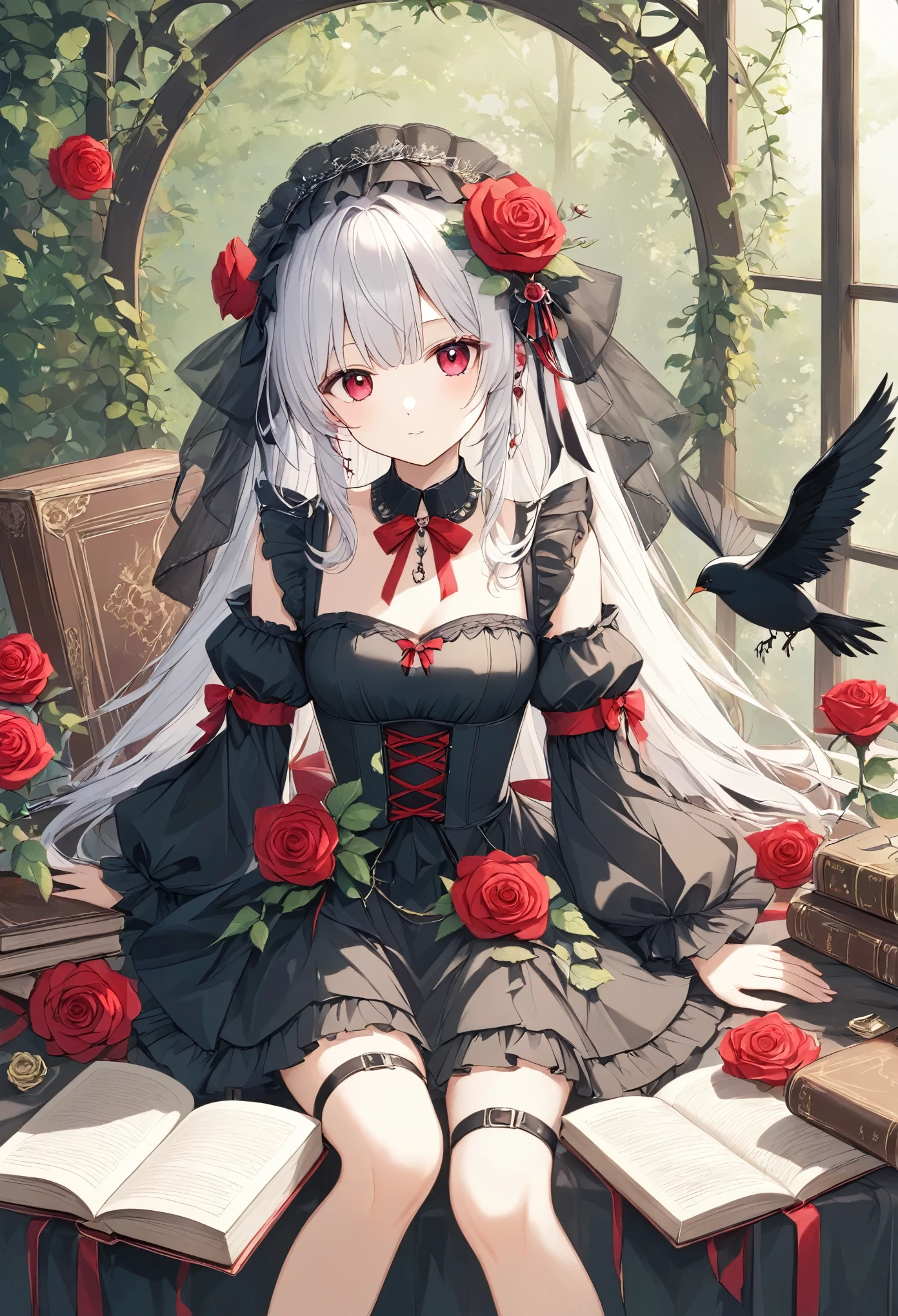  thin and soft painting style 、Mysterious、Gothic、doll、Rose Maiden 、Gothicのドレス、Ball joints、sit、 old book on the side 、 surround it with red roses