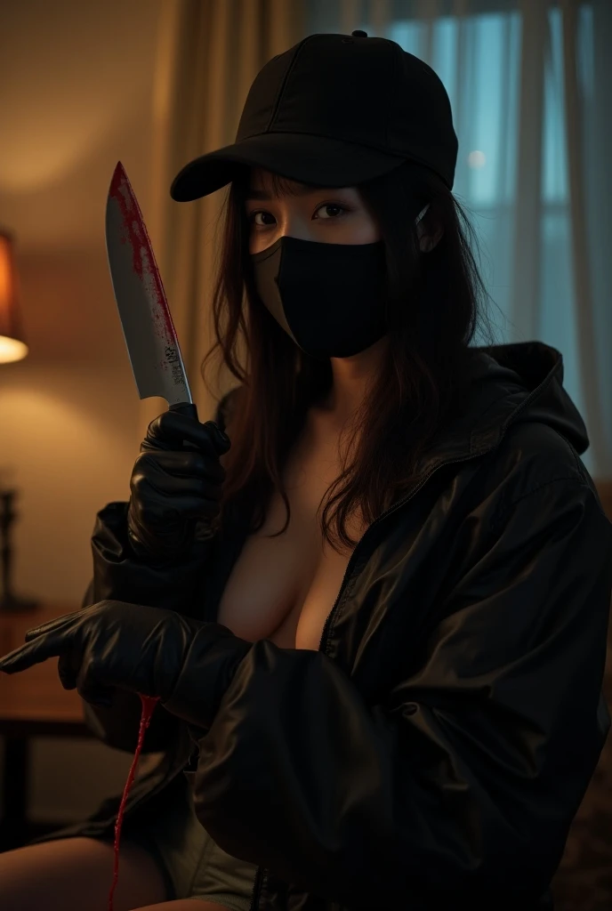 korean naked girl, (behind corpse, balaclava), holding knife, stabbing, leather gloves, room full of blood, trucker hat, holding knife, leather gloves, behind corpse, blood splatter, long bangs, night, mass murderer, robbery, in the house,
