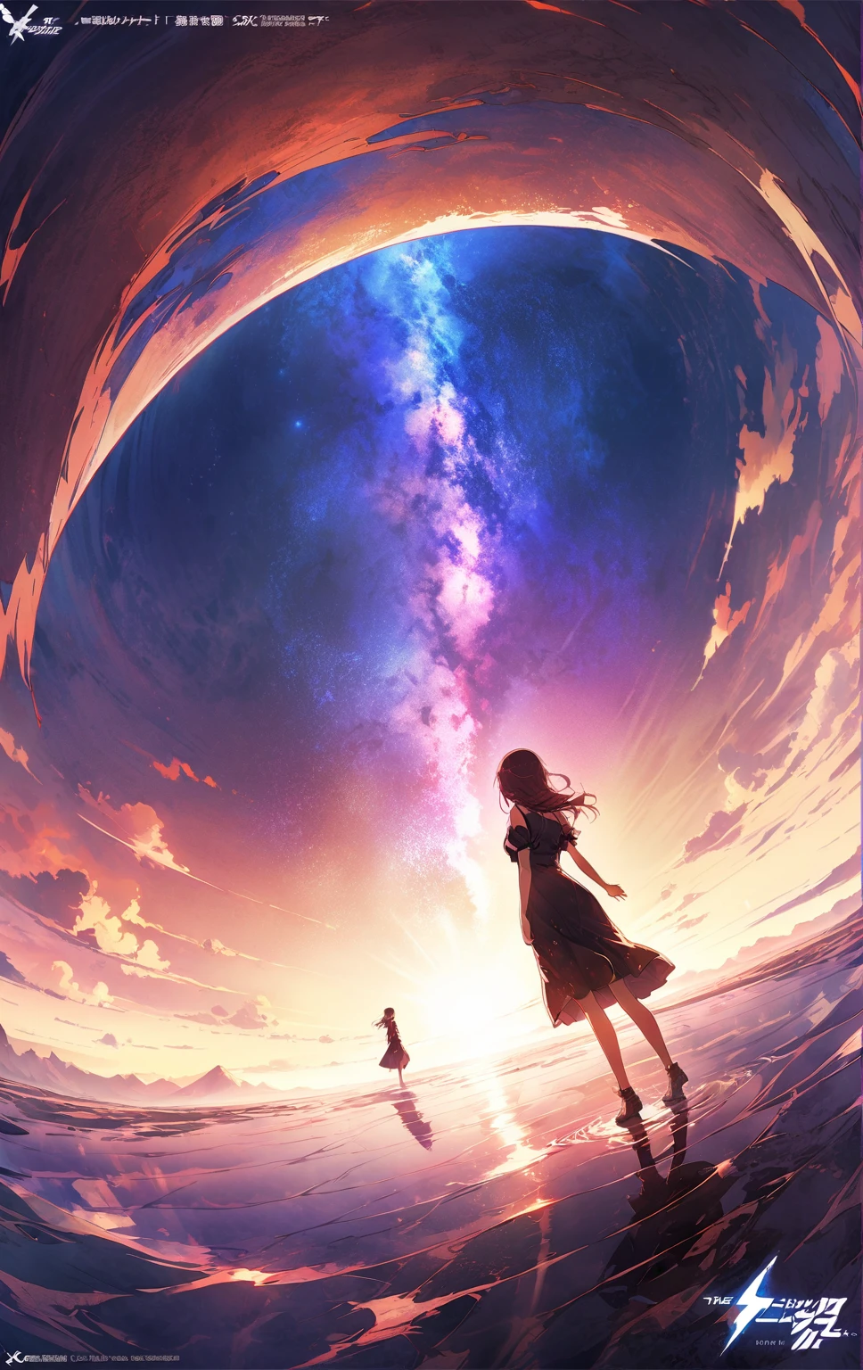 Official Art, Integrated 8K wallpapers,  very detailed,  masterpiece,  best image quality，Ultra Wide Angle，night， girl bust up,Clear your face ，Standing by the salt lake，The water is like a mirror，Reflecting the sky,Look up at the sky，The Milky Way is in the sky， dynamic angle, Grace,  bright color