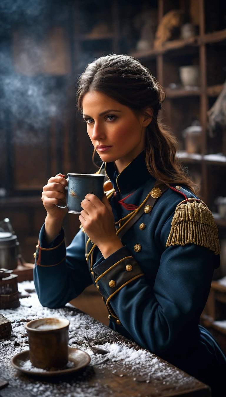 Show Napoleon's female soldier drinking coffee from an old tin cup in front of her post while looking at the camera.
Depict the soldier feeling cold, with snow falling around her.
Use cold and muted colors to convey the harshness of the winter and the exhausting guarding duty, background dark, hyper realistic, ultra detailed hyper realistic, photorealistic, Studio Lighting, reflections, dynamic pose, Cinematic, Color Grading, Photography, Shot on 50mm lens, Ultra-Wide Angle, Depth of Field, hyper-detailed, beautifully color, 8k