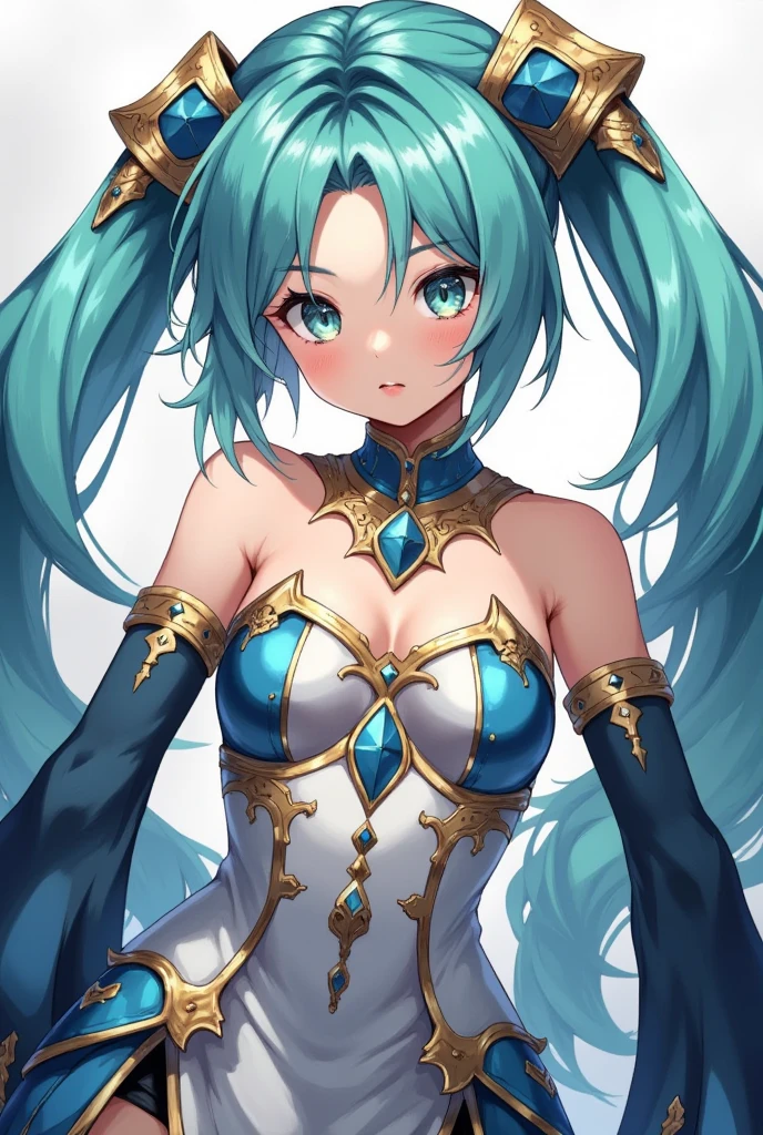 (masterpiece、highest quality、highest quality、Official Art、Beautiful and beautiful:1.2)、(One girl:1.3)Hatsune Miku、Twin tails,Big Breasts,Character design sheet, expensive, woman, Adult Arabian belly dancer, Slim clothes, Exposed legs, Toned Abs, Long brunette hair, Hazel Eyes, Expressionless, White Background, Holding a dagger in each hand