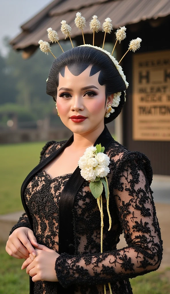 (Best quality, 8k, 32k, Masterpiece, UHD:1.2), Pretty Indonesian woman, beauty face, large breasts, (beautiful nipple slip:0.9), outdoors, windy, shiny skin, Javanese Traditional, standing, looking at viewer, white flower, red lips, holding sign with text "Selamat Malam HSC"