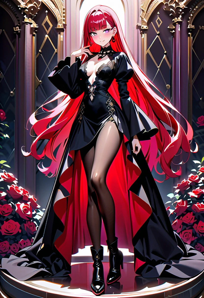 One young and beautiful woman,Best Quality, Extremely Detailed Description , incredible high resolution ,High quality anime drawings,( red hair:1.3,Diagonal bangs,Gentle smile,chest, light lipstick,Beautiful legs, beautiful feet,Curvaceous body),( Intricate Red and Black Gothic Dress,Rose flower, Luxurious Accessories , earrings for a woman alone, necklace , Volume Sleeves ,Rose flowerの髪飾り,Jeweled collar, black pantyhose,Black long boots),(redhead long hair,Purple Eyes, half-closed eye,Red lipstick,Beautiful legs,Beautiful thighs),( bewitching smile:1.3,Lips parted,Model pose:1.3,),(Full body image:1.3,Side view:1.3), Surrounded by Lots of Roses :1.2,Rose Garden, Beautiful Rose Scenery ,Rose flower束