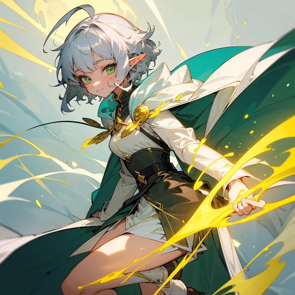 elf, cool female, silver hair,short hair, medium cut, ahoge, curly hair, green eyes,slender, fair skin, yellow drop reef magic wizard light armor robe, yellow cape, boyish, magic cane, long boots, cool smile