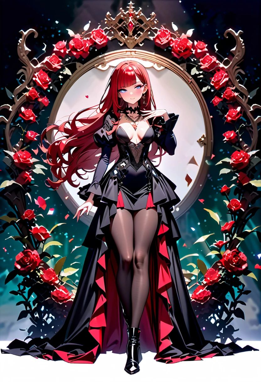 One young and beautiful woman,Best Quality, Extremely Detailed Description , incredible high resolution ,High quality anime drawings,( red hair:1.3,Diagonal bangs,Gentle smile,chest, light lipstick,Beautiful legs, beautiful feet,Curvaceous body),( Intricate Red and Black Gothic Dress,Rose flower, Luxurious Accessories , earrings for a woman alone, necklace , Volume Sleeves ,Rose flowerの髪飾り,Jeweled collar, black pantyhose,Black long boots),(redhead long hair,Purple Eyes, half-closed eye,Red lipstick,Beautiful legs,Beautiful thighs),( bewitching smile:1.3,Model pose:1.3,),(Full body image:1.3,Side view:1.3), Surrounded by Lots of Roses ,Rose Garden, Beautiful Rose Scenery 