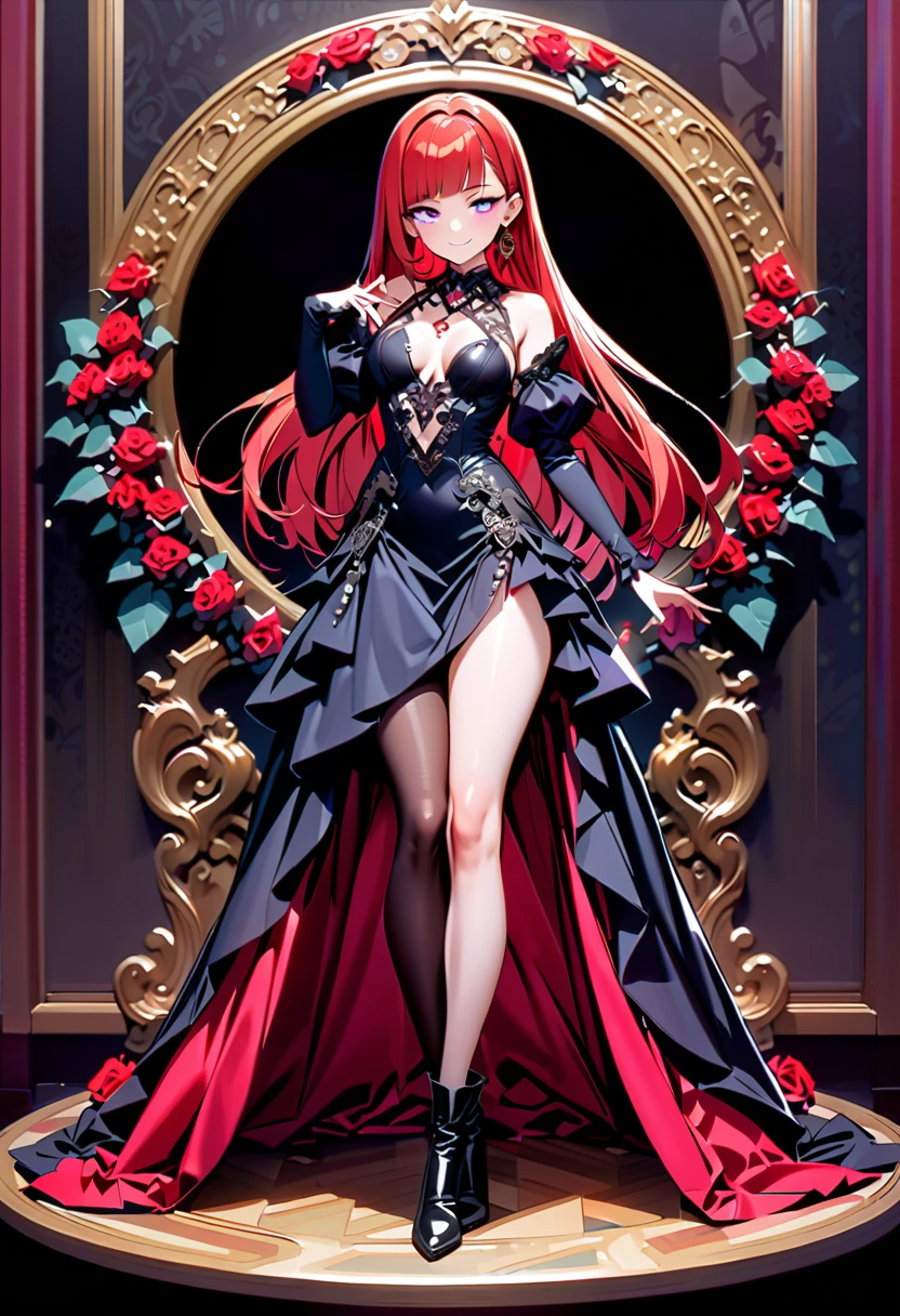 One young and beautiful woman,Best Quality, Extremely Detailed Description , incredible high resolution ,High quality anime drawings,( red hair:1.3,Diagonal bangs,Gentle smile,chest, light lipstick,Beautiful legs, beautiful feet,Curvaceous body),( Intricate Red and Black Gothic Dress,Rose flower, Luxurious Accessories , earrings for a woman alone, necklace , Volume Sleeves ,Rose flowerの髪飾り,Jeweled collar, black pantyhose,Black long boots),(redhead long hair,Purple Eyes, half-closed eye,Red lipstick,Beautiful legs,Beautiful thighs),( bewitching smile:1.3,Model pose:1.3,),(Full body image:1.3,Side view:1.3), Surrounded by Lots of Roses ,Rose Garden, Beautiful Rose Scenery 