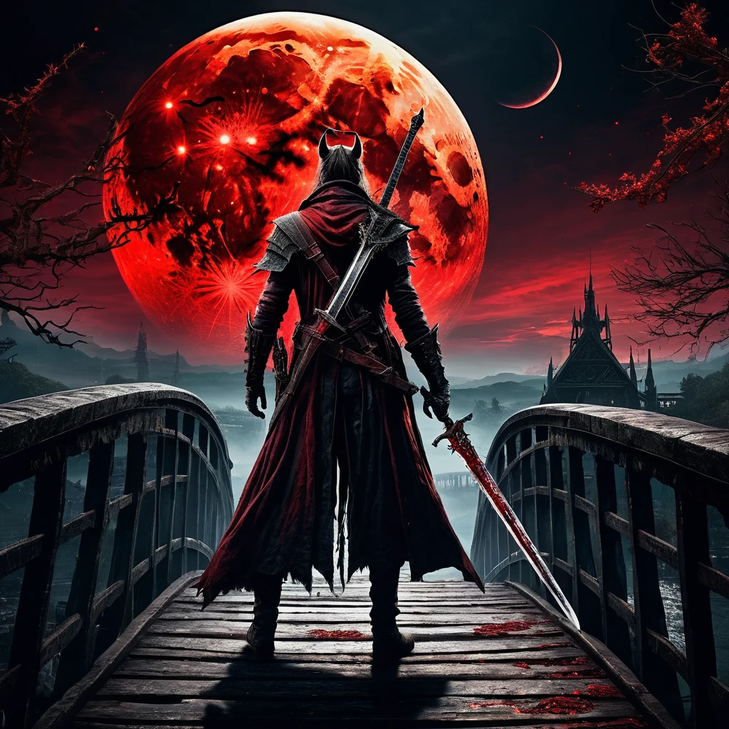 a bloodborne like hunter,  holding a sword  ,  background,  bridge、huge red moon in the sky、cosmic world、 Dark Fantasy Art   ,  Best Quality ,  Wide Shots    , Ultra Wide Angle, 