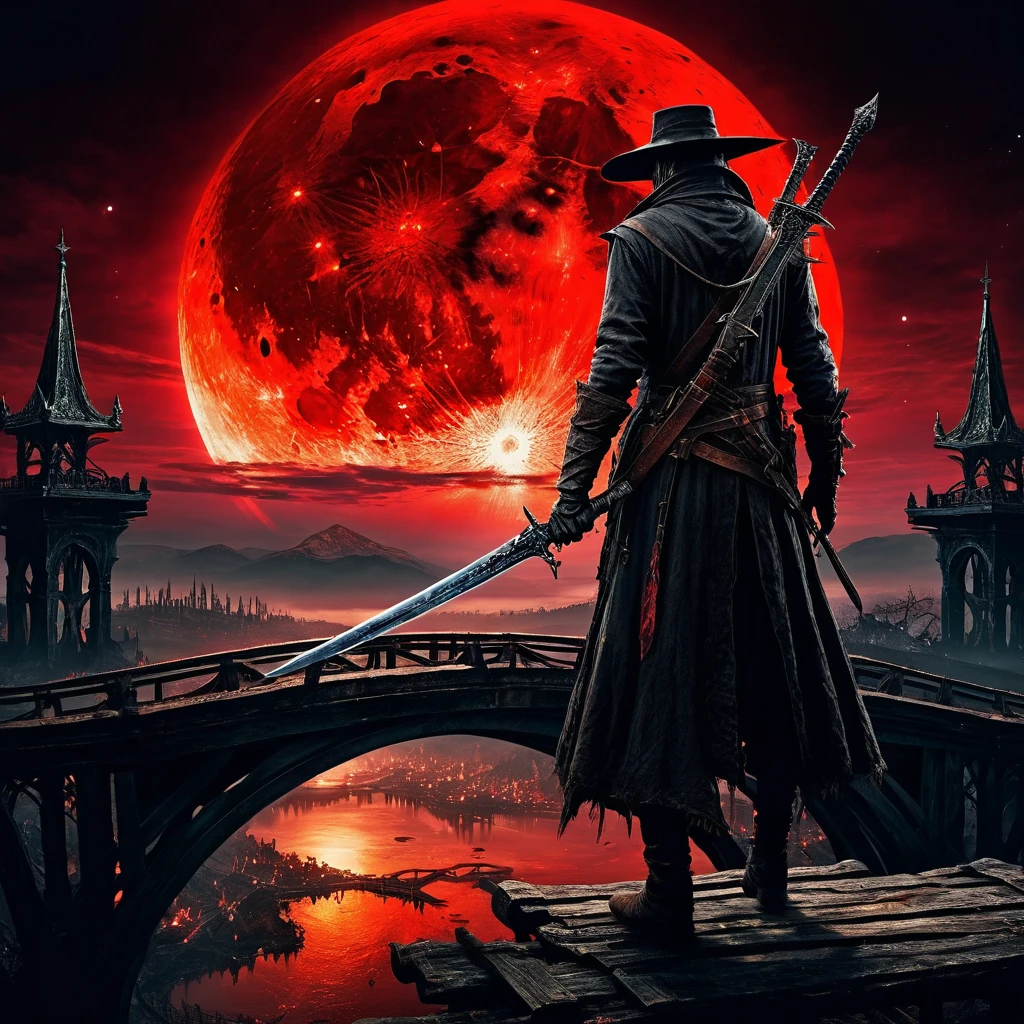 a bloodborne like hunter,  holding a sword  ,  background,  bridge、huge red moon in the sky、cosmic world、 Dark Fantasy Art   ,  Best Quality ,  Wide Shots    , Ultra Wide Angle, 