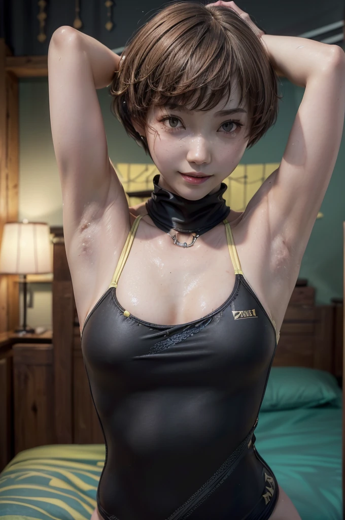 (masterpiece,beautiful,最  high quality,Super detailed,Exquisite,  very detailed,  high quality,  very detailed,hughres,4K,8k:)，NSFW，(((Persona， Satonaka Chie:1.3)))， short bob，Brown Hair，(bedroom:1.5)，((Steam，Steaming:1.3))，(((脇の皺，脇のDownを見せる，Armpit:1.3)))，nude，(All-black, unpatterned competitive swimsuit:1.5),  close one eye ,photo shoot,脇のDownを見せる, cute smile,Down, 