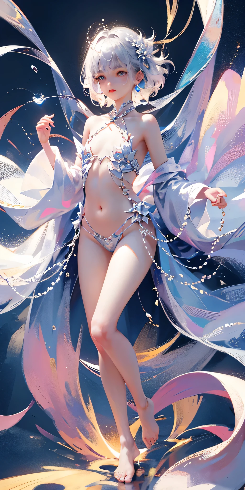 Blue long hair,Scorpion-tailed braids,Put on the clothes of the little dance of Douluo Continent,Is a beautiful and sweet girl Koser,Transparent openwork、Deep V、Crystal Pearls,show your thighs, Bare shoulders, Navel,Show clavicle, Yao Liu, barefoot,((whole body))