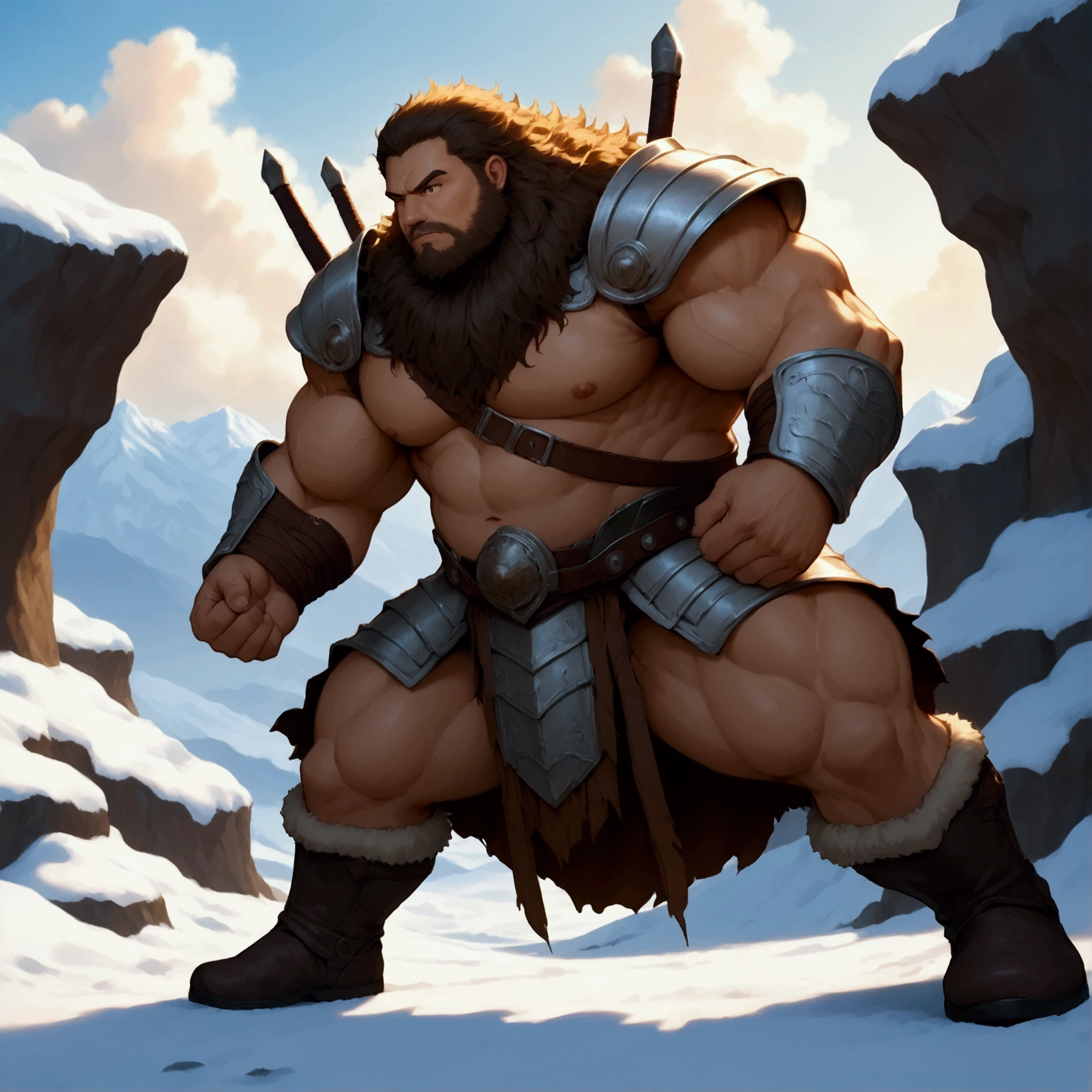 barbarian, a musclegut older-aged larger male, full body in Michelangelo Buonarroti style, housamo style, digital illustration anime, character focus, full body, looking away, dynamic angle, niji5, BREAK costume clothes, armor, helme, pants, boots, standing, fighting pose, dynamic pose, painting landscape, snow mountain, path outdoor, full color, HDR, BREAK manly, tan skin, messy hair, complete anatomy, perfect proportions, beautiful thigh gap, BREAK detailed boots, detailed foot, detailed hands, 5fingers, 5fingers nails, BREAK intense face, anime face, insanity detailed face, male face, big face, strong jawline, anime eyes, detailed brown eyes, detailed brown cornea, detailed dark brown irises, detailed pupils, male eyes, male eyebrows, beautiful beard, BREAK masterpiece, official art, best quality, very aesthetic, absurdres, super fine illustration, great quality, BREAK noise reduction, very highres, large filesize, high quality, 32K, 8k wallpaper, dynamic lighting, BREAK insanity detailed, ultra detailed, intricate details, extremely detailed, detailed texture, an extremely delicate and beautiful, BREAK harmonious body, pastoral face, virtuous eyes, epic atmosphere