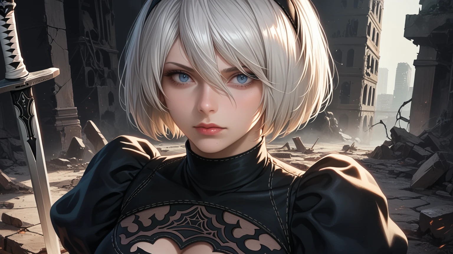 score_9, score_8_up, score_7_up,source_photo,
realistic, bright colors, high contrast, vivid lighting,
a mature adult woman draw inspiration from 2B_\(nier:automata\), 
detailed face, beautiful face, face in sharp focus,  
anatomically correct body, perfect hands, perfect fingers, 
bob cut, silver hair, black hairband, 
2B skirt, nier dress, cleavage cutout, skirt, thigh highs under boots, long sword,
dark background, city ruins, 

