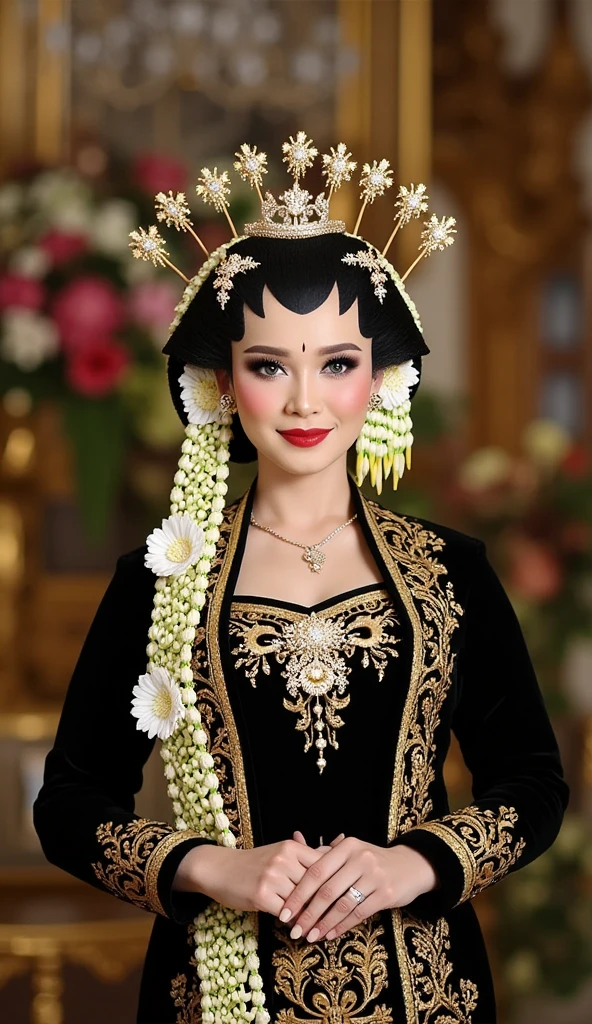 (Best quality, 8k, 32k, Masterpiece, UHD:1.2), Pretty Indonesian woman, beauty face, large breasts, indoor with decaoratioan wedding behind the woman, windy, shiny skin, Javanese Traditional, standing, looking at viewer, white flower, red lips, holding sign with text "Selamat Malam HSC"