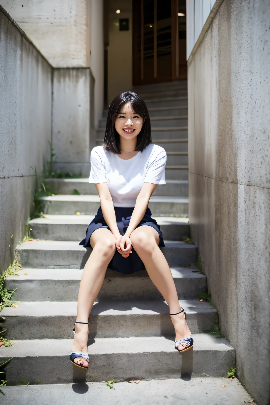 Best Quality 、8k、masterpiece、Realistic, sharp concentration , Kampala, Kampala, one girl playing pranks, Alone, Japanese, Beautiful woman,((Concrete stairs)),Front、Short sleeve knit, Pleated Mini Skirt、 High Heels 、Attractive body, Photographing Her Full Body 、smile,Overlooking,
