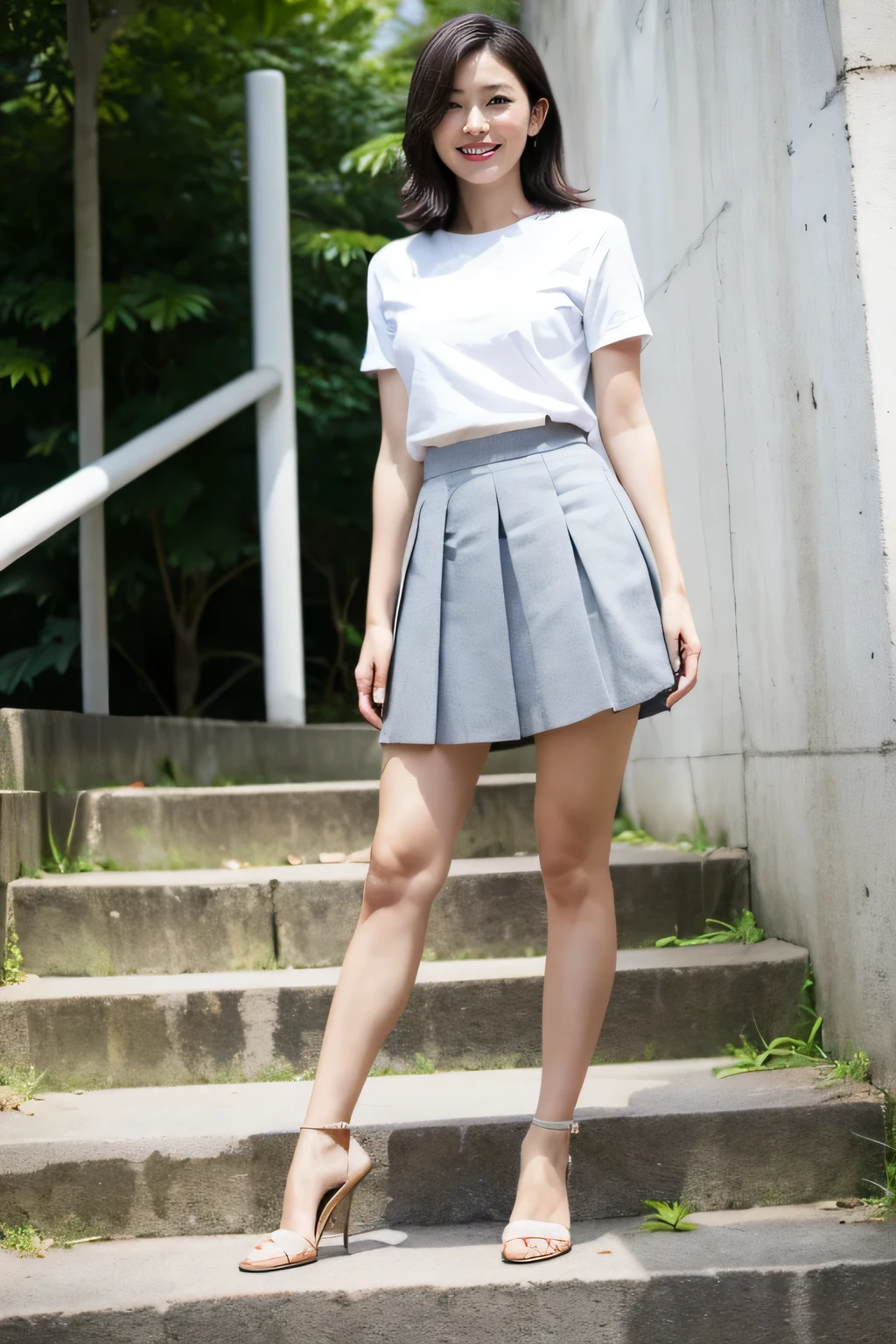 ((Viewing angle from below、Highest quality、masterpiece、32k、Every detail counts、(Realistic:1.5), (Real Skin:1.5), One girl,))、Go down the stairs at the station、commute、whole body、Tank top with loose chest、Leaning forward、(((A strong wind blows her hair and skirt:1.62)))、One Girl、(((The shoulder strap of the bag can be worn diagonally across the body:1.4、No underwear:1.22、Big Breasts、barefoot)))、