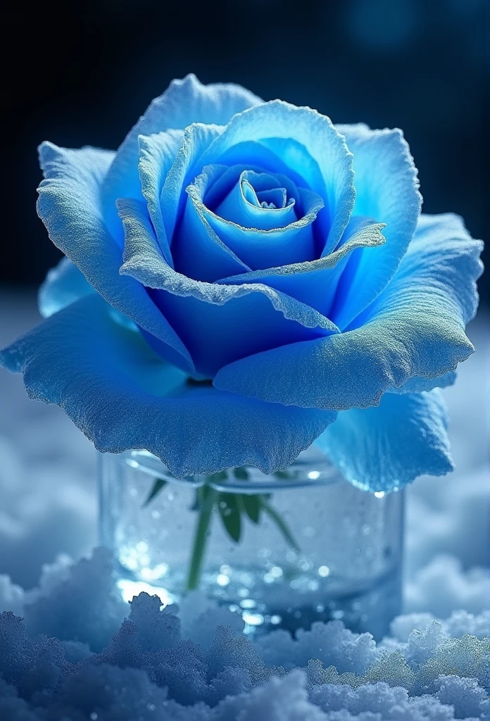 photorealistic of a  blue rose frozen in crystal ice, UHD, best quality wallpaper, 8k, dramatic light, intricate detailed