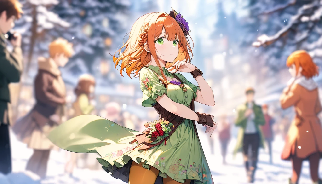 1girl, green eyes, purple pendant, orange hair, medium hair +++ yellow pantyhose, green dress,  light green shirt, green boots Hiding face with arm, looking to the side, extremely quality extremely detailed, illustration, cute anime face cinematic lighting,(Harry Clarke (Harry Clarkee)  style :0.5),(圣地亚哥·卡鲁索 style :0.7),
 1 girl,
BREAK Flower Background,(Floral foreground:1.6),(  background blur:1.7),from_side,以人物为middle心的构图, looks up,(photograph:1.4),(actually:1.5),middle_shooting, watching the audience,( blurry foreground :1.5),，snow