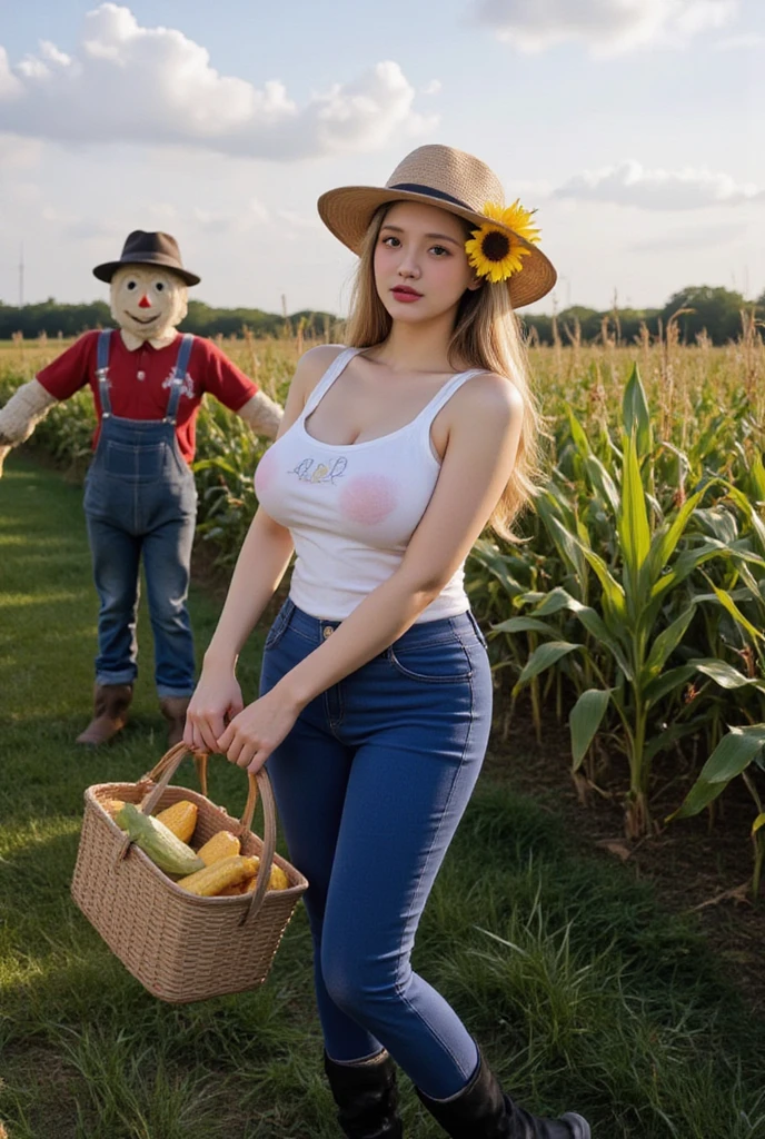 sun. Clear sky. daytime. The farmer and the scarecrow, out of large breasts, blue trousers and black boots. She wore a straw hat with a yellow sunflower on the brim. She was carrying a basket of freshly harvested corn. Next to it was the cornfield of which she was so proud. There is also a cute scarecrow that has just been erected in the middle of the farmland.
1girl, solo, long hair, big breasts, looking at the audience, with an excited expression, light lipstick on her lips, big breasts, blonde gradient hair, light yellow eyes, carrying a basket of freshly harvested corn in both hands, Walking in the farm, a young and sexy female farmer has another . Extreme Detail, Cinematic Shots, Photorealistic Illustrations, Cinematic Lighting, Ambient Lighting, Film nsfw,