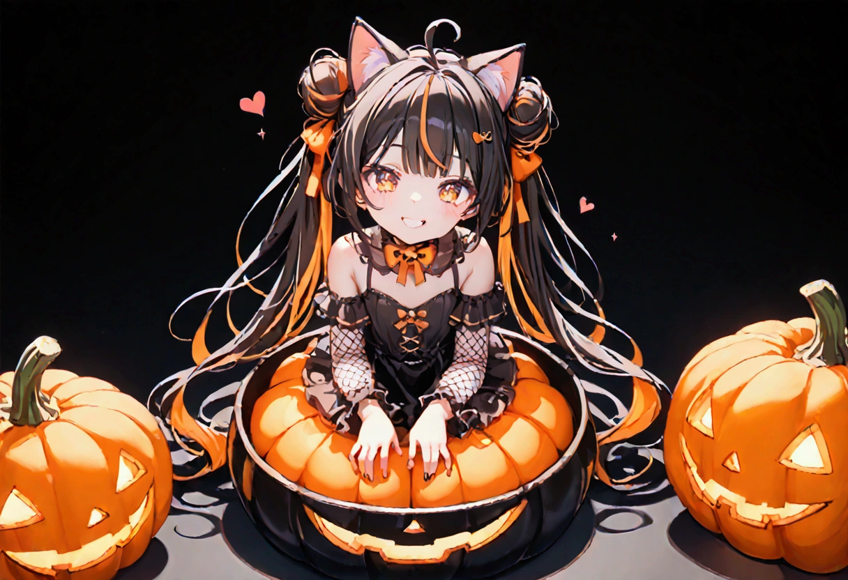 1girl, black hair, streaked hair, colored inner hair, twin tails, very long hair, heart hair bun, mole under eye, pupils sparkling, cat ears, grin, big breast, big ass, UHD, masterpiece, textured skin, best quality, (high res),  I'm wearing a long-sleeved oversized see-through Halloween costume and denim-shorts with fur, sexy fishnet tights , Halloween Hats,  Halloween props ,  sitting in a large pumpkin bowl , Butt stuck , sitting, cross-legged, lick loli-pop , whole body, Shadow of light ,  expressive eyes,  grave and jack-o-lantern on the left and right ,  silhouette of a black castle on the background ,  orange and black background color :1.2, Illustrated, looking straight into the camera:1.2