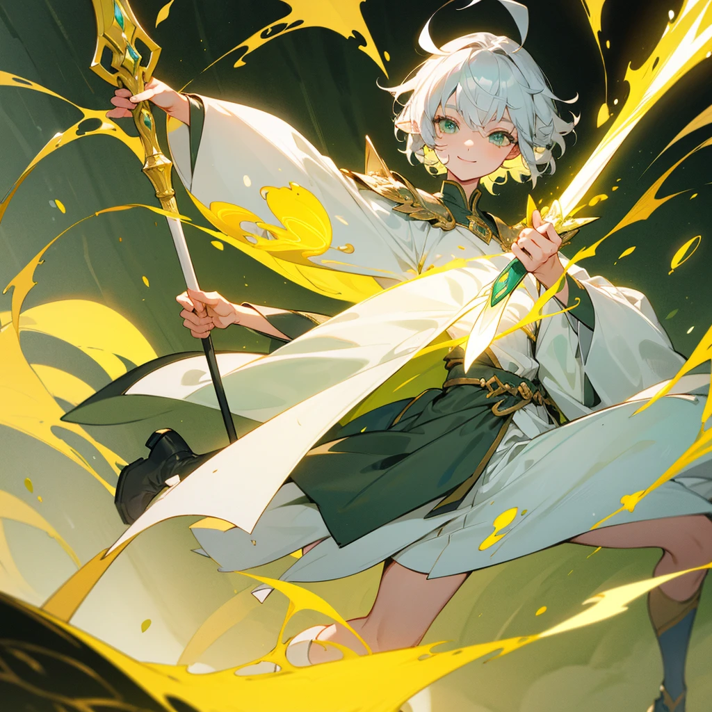 elf, cool female, silver hair,short hair, medium cut, ahoge, curly hair, green eyes,slender, fair skin, yellow drop reef magic wizard light armor robe, yellow cape, boyish, magic cane, long boots, cool smile