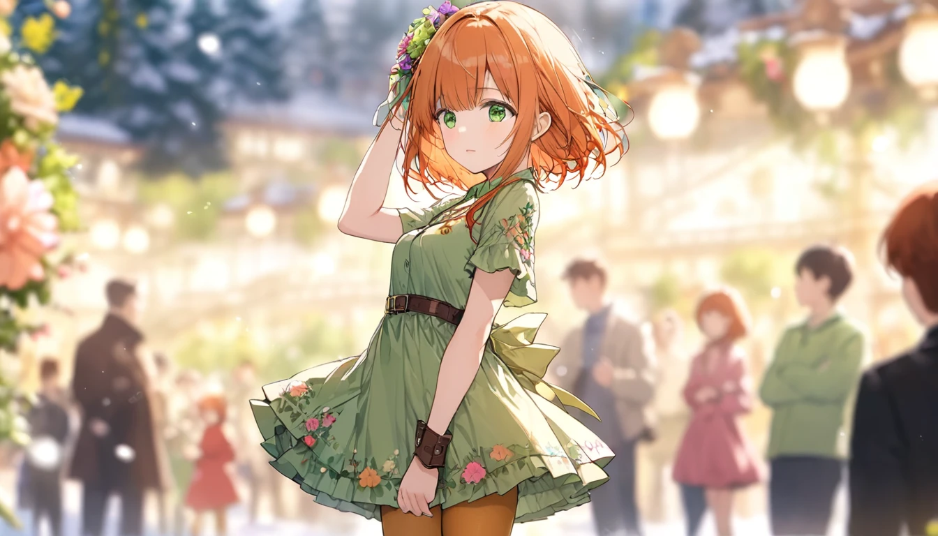 1girl, green eyes, purple pendant, orange hair, medium hair +++ yellow pantyhose, green dress,  light green shirt, green boots Hiding face with arm, looking to the side, extremely quality extremely detailed, illustration, cute anime face cinematic lighting,(Harry Clarke (Harry Clarkee)  style :0.5),(圣地亚哥·卡鲁索 style :0.7),  1 girl, BREAK Flower Background,(Floral foreground:1.6),(  background blur:1.7),from_side,以人物为middle心的构图, looks up,(photograph:1.4),(actually:1.5),middle_shooting, watching the audience,( blurry foreground :1.5),，snow