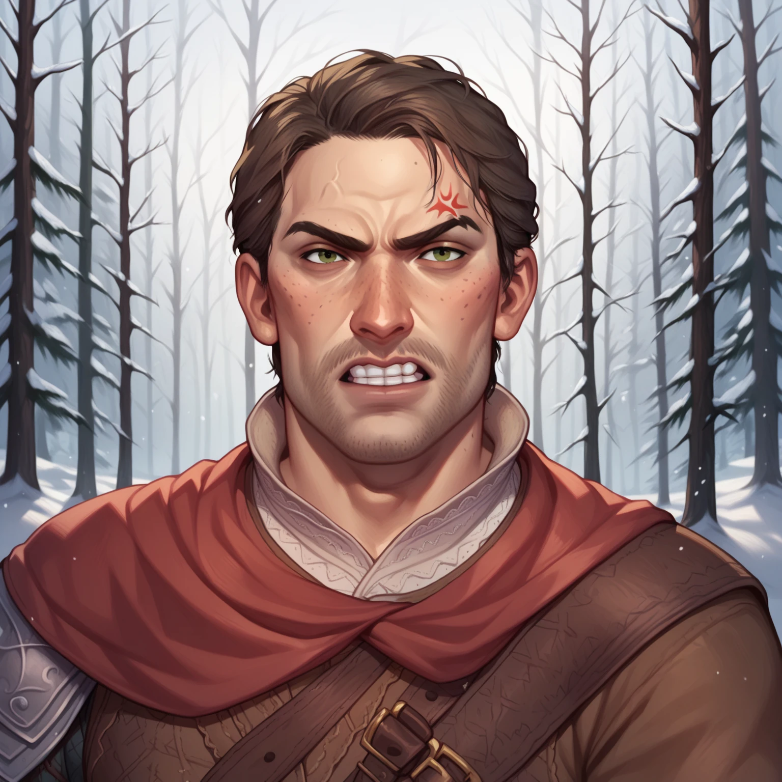 (((beautiful, high quality, comics style, detailed face))), score_9, score_8_up, score_7_up, BREAK, 1man, mature man, light beard, knight, medieval version of John Marston from Red Dead Redemption's, solo, portrait, upper body, portrait, angry expression, bearing teeth, snow forest background, fantasy ((masterpiece))