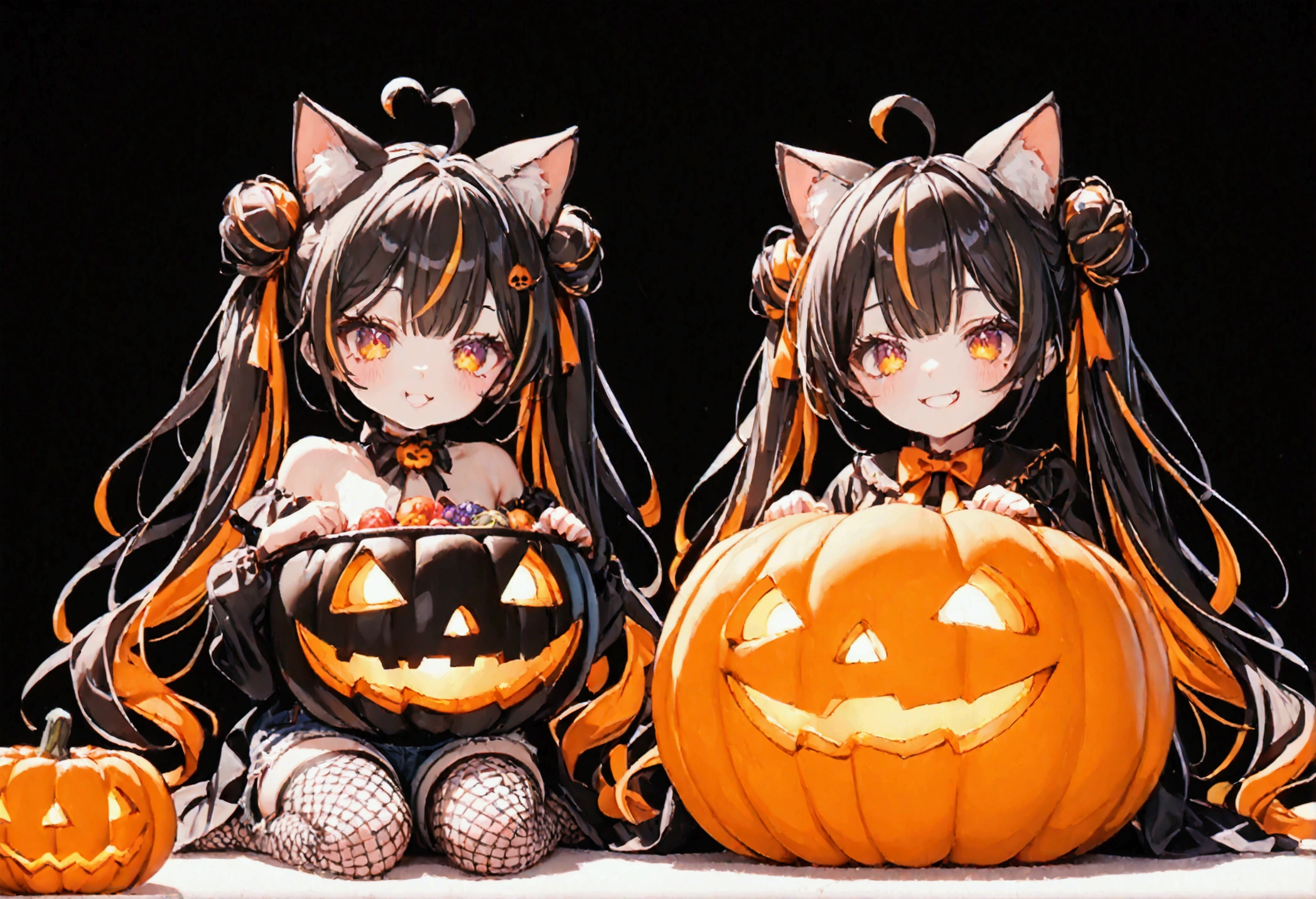 1girl, black hair, streaked hair, colored inner hair, twin tails, very long hair, heart hair bun, mole under eye, pupils sparkling, cat ears, grin, big breast, big ass, UHD, masterpiece, textured skin, best quality, (high res),  I'm wearing a long-sleeved oversized see-through Halloween costume and denim-shorts with fur, sexy fishnet tights , Halloween Hats,  Halloween props ,  sitting in a large pumpkin bowl , sitting jack o lantern, head hollowed out, Butt stuck , sitting, cross-legged, lick loli-pop , whole body, Shadow of light ,  expressive eyes,  grave and jack-o-lantern on the left and right ,  silhouette of a black castle on the background ,  orange and black background color :1.2, Illustrated, looking straight into the camera:1.2