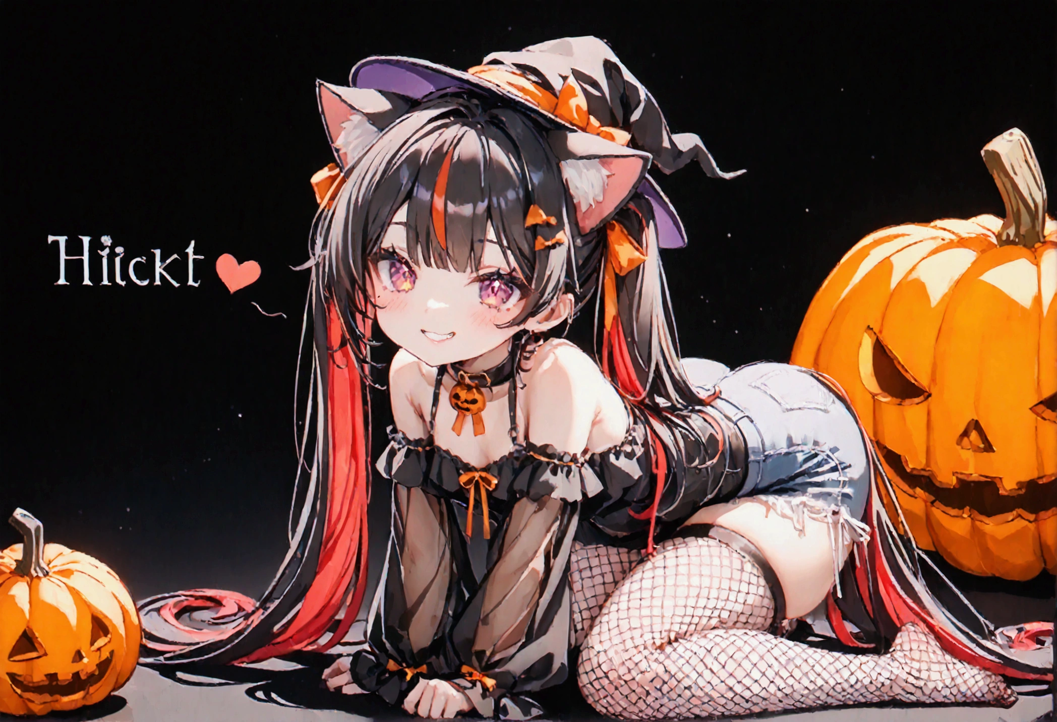 1girl, black hair, streaked hair, colored inner hair, twin tails, very long hair, heart hair bun, mole under eye, pupils sparkling, cat ears, grin, big breast, big ass, UHD, masterpiece, textured skin, best quality, (high res),  I'm wearing a long-sleeved oversized see-through Halloween costume and denim-shorts with fur, sexy fishnet tights , Halloween Hats,  Halloween props ,  sitting in a large pumpkin bowl , sitting jack o lantern, head hollowed out, Butt stuck , sitting, cross-legged, lick loli-pop , whole body, Shadow of light ,  expressive eyes,  grave and jack-o-lantern on the left and right ,  silhouette of a black castle on the background ,  orange and black background color :1.2, Illustrated, looking straight into the camera:1.2