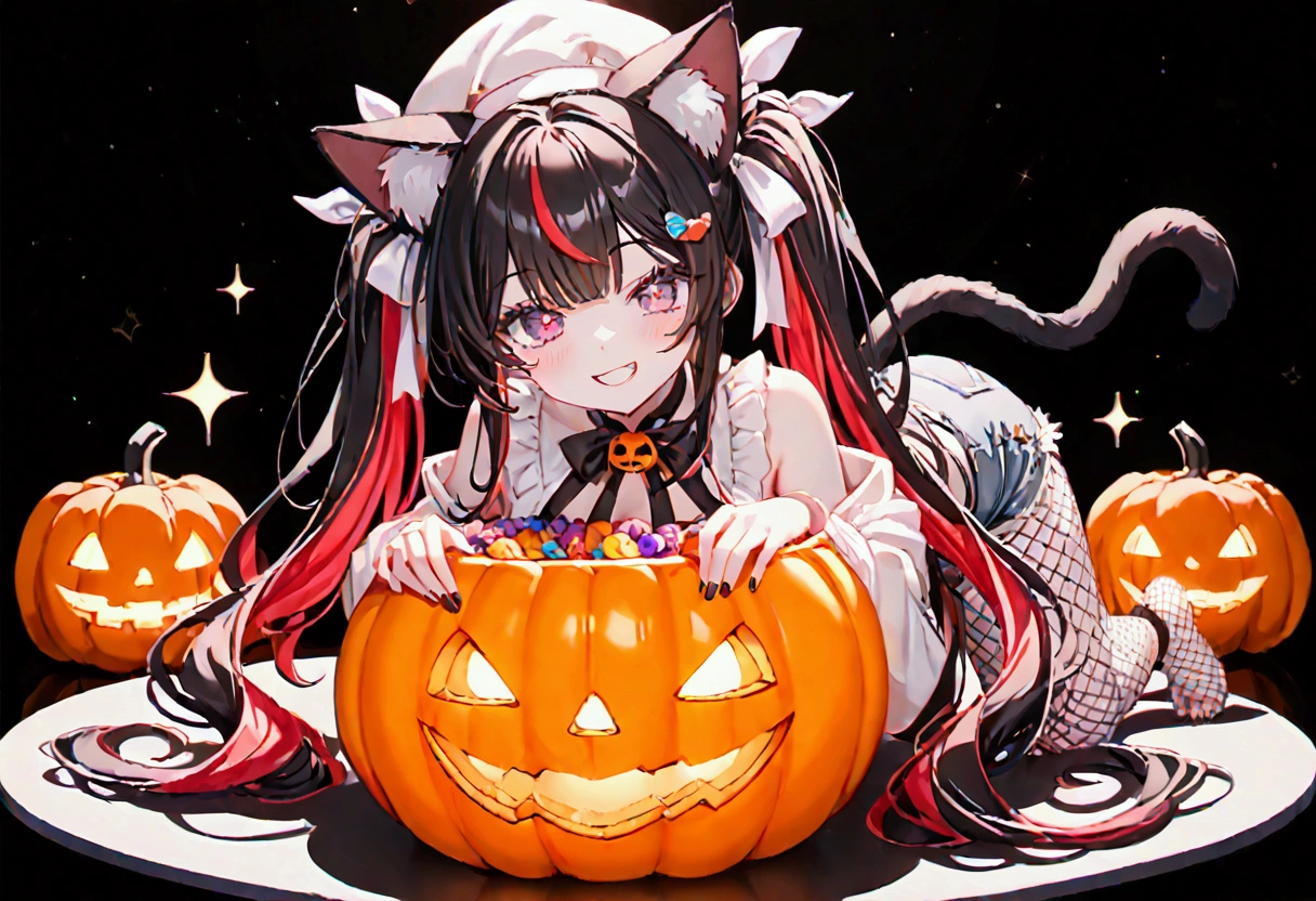 1girl, black hair, streaked hair, colored inner hair, twin tails, very long hair, heart hair bun, mole under eye, pupils sparkling, cat ears, grin, big breast, big ass, UHD, masterpiece, textured skin, best quality, (high res),  I'm wearing a long-sleeved oversized see-through Halloween costume and denim-shorts with fur, sexy fishnet tights , Halloween Hats,  Halloween props ,  sitting in a large pumpkin bowl , sitting jack o lantern, head hollowed out, Butt stuck , sitting, cross-legged, lick loli-pop , whole body, Shadow of light ,  expressive eyes,  grave and jack-o-lantern on the left and right ,  silhouette of a black castle on the background ,  orange and black background color :1.2, Illustrated, looking straight into the camera:1.2