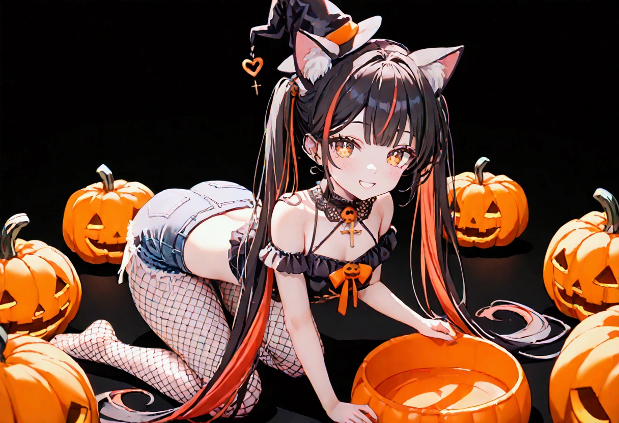 1girl, black hair, streaked hair, colored inner hair, twin tails, very long hair, heart hair bun, mole under eye, pupils sparkling, cat ears, grin, big breast, big ass, UHD, masterpiece, textured skin, best quality, (high res),  I'm wearing a long-sleeved oversized see-through Halloween costume and denim-shorts with fur, sexy fishnet tights , Halloween Hats,  Halloween props ,  sitting in a large pumpkin bowl , sitting jack o lantern, head hollowed out, Butt stuck , sitting, cross-legged, lick loli-pop , whole body, Shadow of light ,  expressive eyes,  grave and jack-o-lantern on the left and right ,  silhouette of a black castle on the background ,  orange and black background color :1.2, Illustrated, looking straight into the camera:1.2