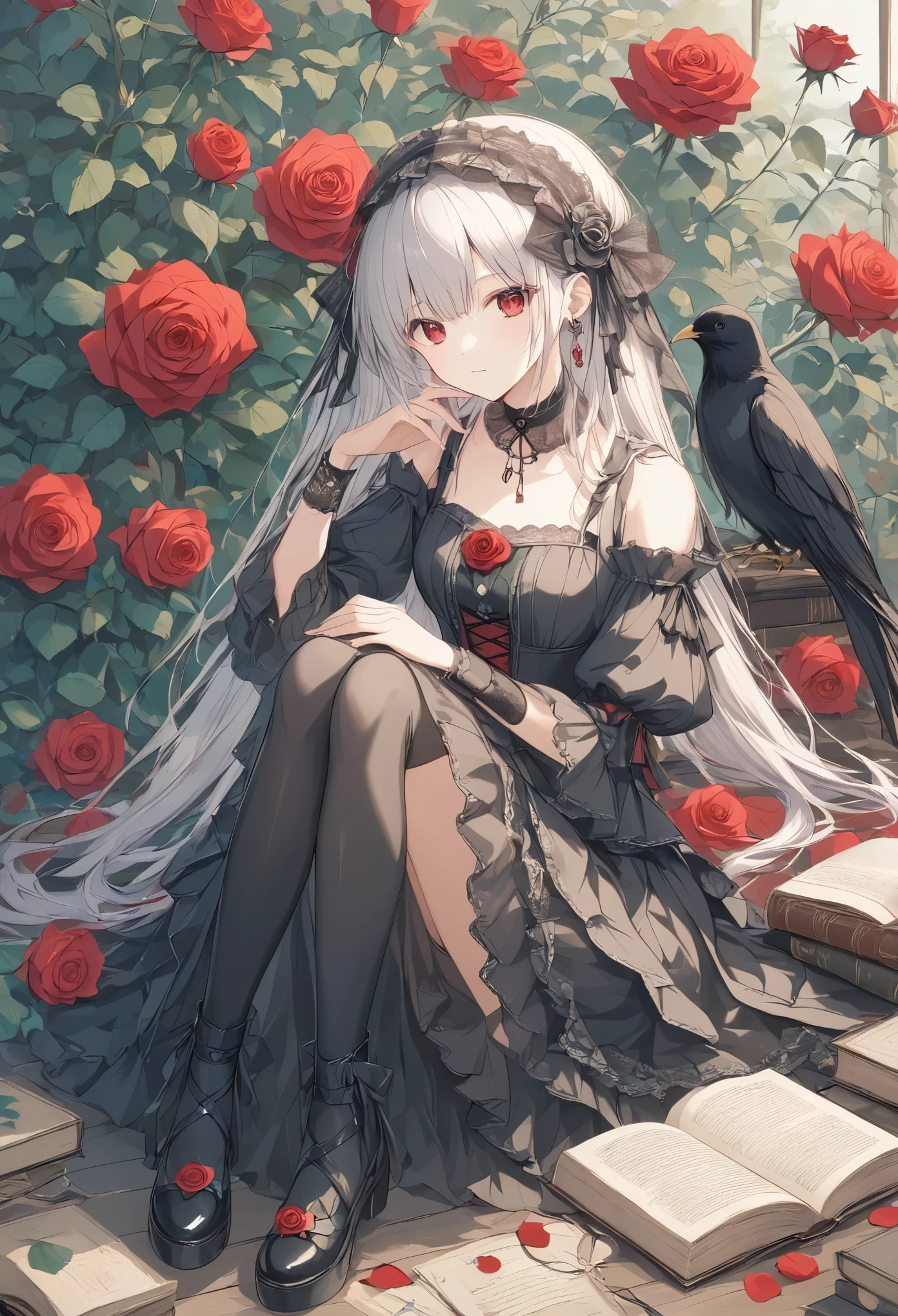  thin and soft painting style 、White and black other than roses、Mysterious、Gothic、doll、Rose Maiden 、Gothicのドレス、Ball joints、sit、 old book on the side 、 surround it with red roses