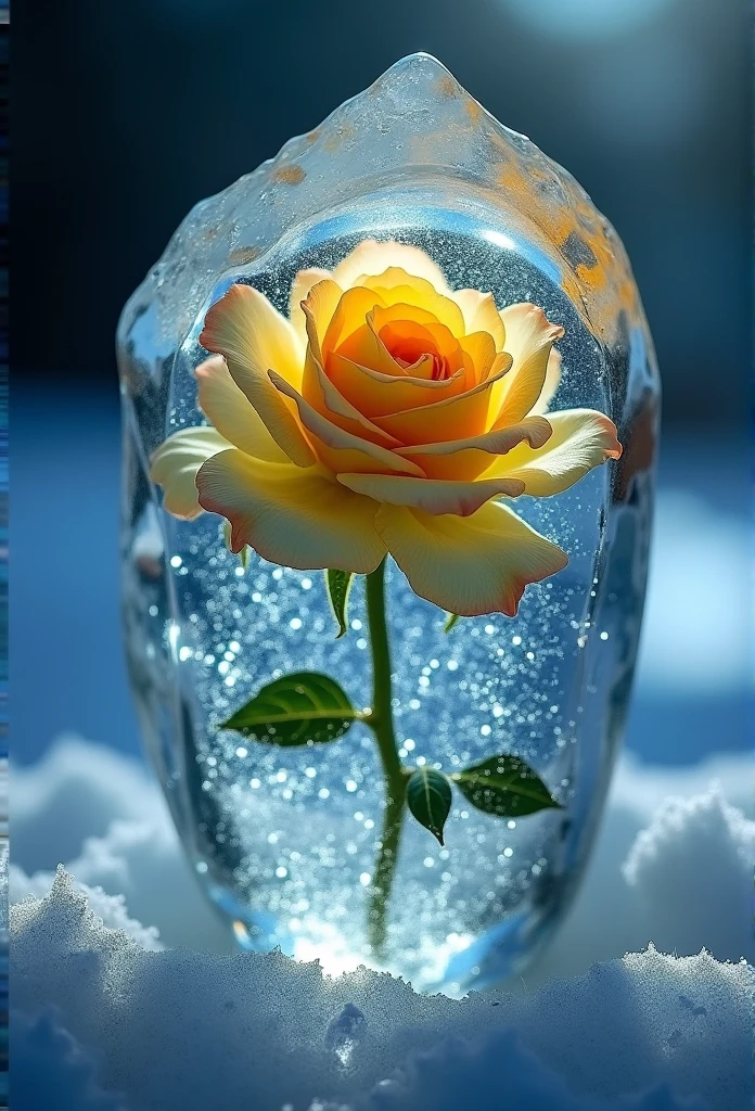 photorealistic of a  frozen yellow-blue rose inside an ice crystal, UHD, best quality wallpaper, 8k, dramatic light, intricate detailed