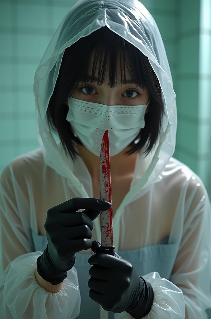 korean girl, (behind corpse, surgical mask), holding knife, stabbing, latex gloves, bath full of blood, transparent raincoat, hood up, holding knife, white gloves, behind corpse, blood splatter, mass murderer, killer, long bangs, blood splatter,
