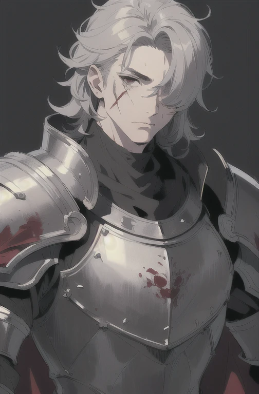 (masterpiece, ultra-detailed, high resolution, best quality:1.2), (anime, simple background, plain background), (knight, warrior, muscular, sketchy knight drawing, 1guy, armor, male focus, solo, cape, adult male, middle aged, thin eyebrows, blood on face), ((medium Hair:1.2), gray hair, (voluminous hair:1.3), (very wild hair:0.9), (hair over one eye:1.2))