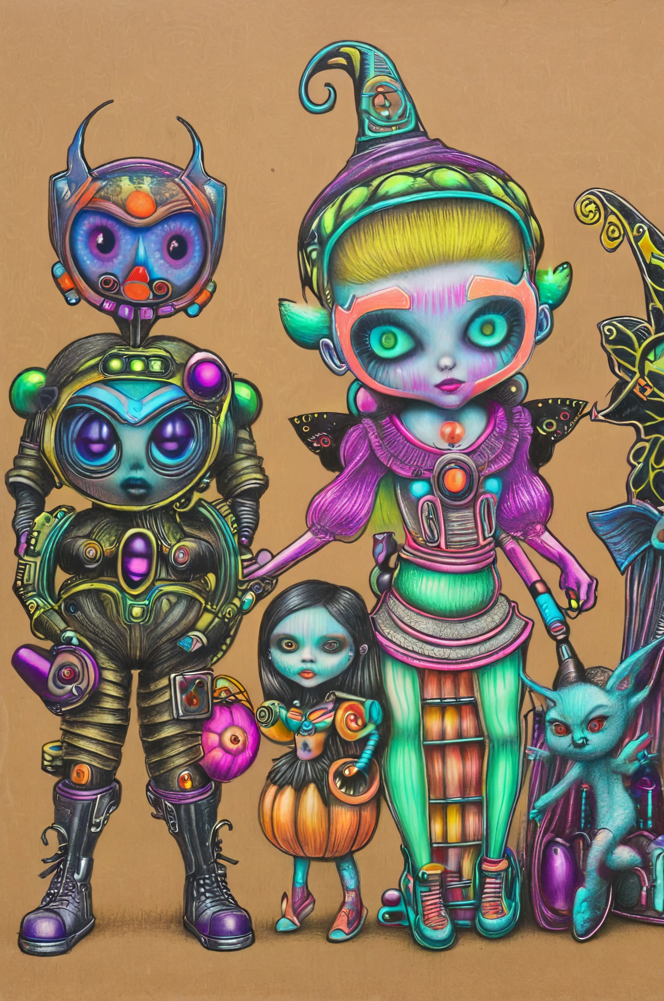 Cyberpunk Halloween, a complex intricate drawing with pastel pencils on kraft paper, the attributes of Halloween celebrations form a complex intricate cyberpunk painting combining high-tech styles and pencil techniques of famous artists. Inspired by Mark Ryden, Inspired by Nicoletta Ceccoli, High definition, High resolution, FHD, 4k, detailed