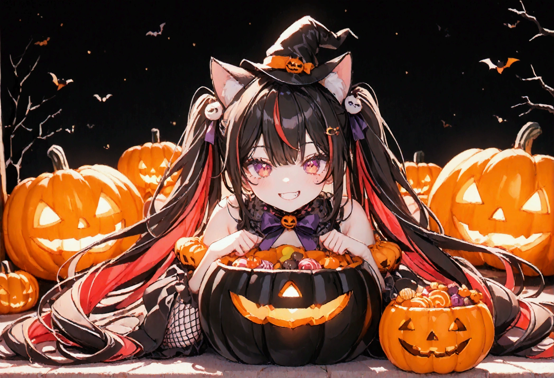 1girl, black hair, streaked hair, colored inner hair, twin tails, very long hair, heart hair bun, mole under eye, pupils sparkling, cat ears, grin, big breast, big ass, UHD, masterpiece, textured skin, best quality, (high res),  I'm wearing a long-sleeved oversized see-through Halloween costume and denim-shorts with fur, sexy fishnet tights , Halloween Hats,  Halloween props ,  sitting in a large pumpkin bowl , sitting on big-jack o lantern, head hollowed out, Butt stuck , sitting, cross-legged:1.5, lick loli-pop :1.4, whole body, Shadow of light ,  expressive eyes,  grave and jack-o-lantern on the left and right ,  silhouette of a black castle on the background , Background orange and black :1.2, Illustrated, looking straight into the camera:1.2