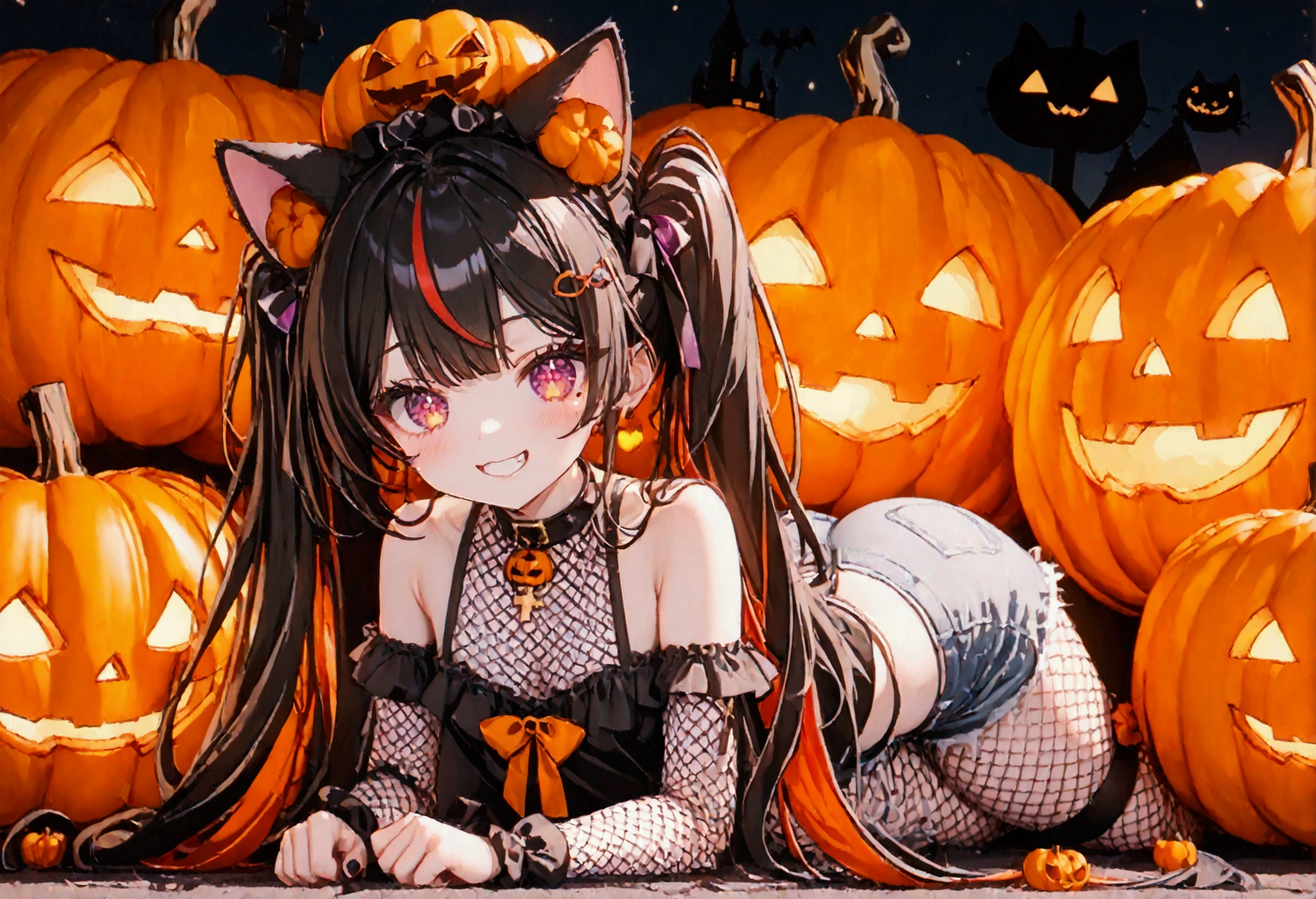 1girl, black hair, streaked hair, colored inner hair, twin tails, very long hair, heart hair bun, mole under eye, pupils sparkling, cat ears, grin, big breast, big ass, UHD, masterpiece, textured skin, best quality, (high res),  I'm wearing a long-sleeved oversized see-through Halloween costume and denim-shorts with fur, sexy fishnet tights , Halloween Hats,  Halloween props ,  sitting in a large pumpkin bowl , sitting on big-jack o lantern, head hollowed out, Butt stuck , sitting, cross-legged:1.5, lick loli-pop :1.4, whole body, Shadow of light ,  expressive eyes,  grave and jack-o-lantern on the left and right ,  silhouette of a black castle on the background , Background orange and black :1.2, Illustrated, looking straight into the camera:1.2