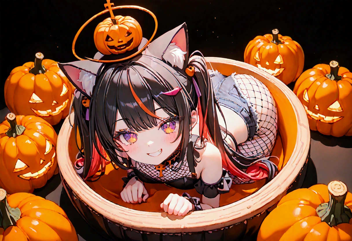 1girl, black hair, streaked hair, colored inner hair, twin tails, very long hair, heart hair bun, mole under eye, pupils sparkling, cat ears, grin, big breast, big ass, UHD, masterpiece, textured skin, best quality, (high res),  I'm wearing a long-sleeved oversized see-through Halloween costume and denim-shorts with fur, sexy fishnet tights , Halloween Hats,  Halloween props ,  sitting in a large pumpkin bowl , sitting on big-jack o lantern, head hollowed out, Butt stuck , sitting, cross-legged:1.5, lick loli-pop :1.4, whole body, Shadow of light ,  expressive eyes,  grave and jack-o-lantern on the left and right ,  silhouette of a black castle on the background , Background orange and black :1.2, Illustrated, looking straight into the camera:1.2