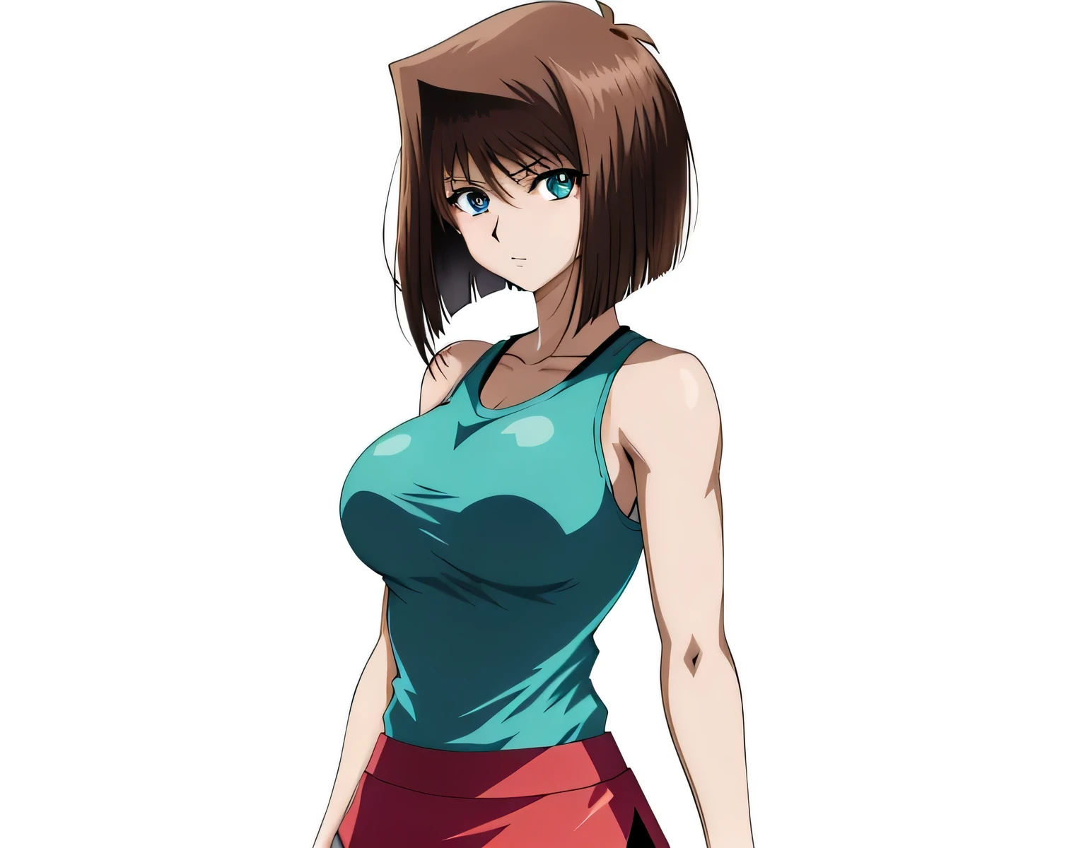 Brown Hair anime woman standing on floor with legs crossed, Blue Eyed Woman,  bob cut ,  anime styleキャラクター, clothing: black tank top, Woman in a tight skirt ,  anime styleで, Big Breasts,  Anime Moe Art Style ,  anime style,  female high school students,  adult sex appeal,  anime style, Muscular Woman, Short Hair, Brown Hair,  Teal Eyelids, In anime style, feminine and muscular,  Skin Tight Tank Top , Bare Arms, Bare shoulders, alone, looking at viewer, Female focus,  cowboy shot,